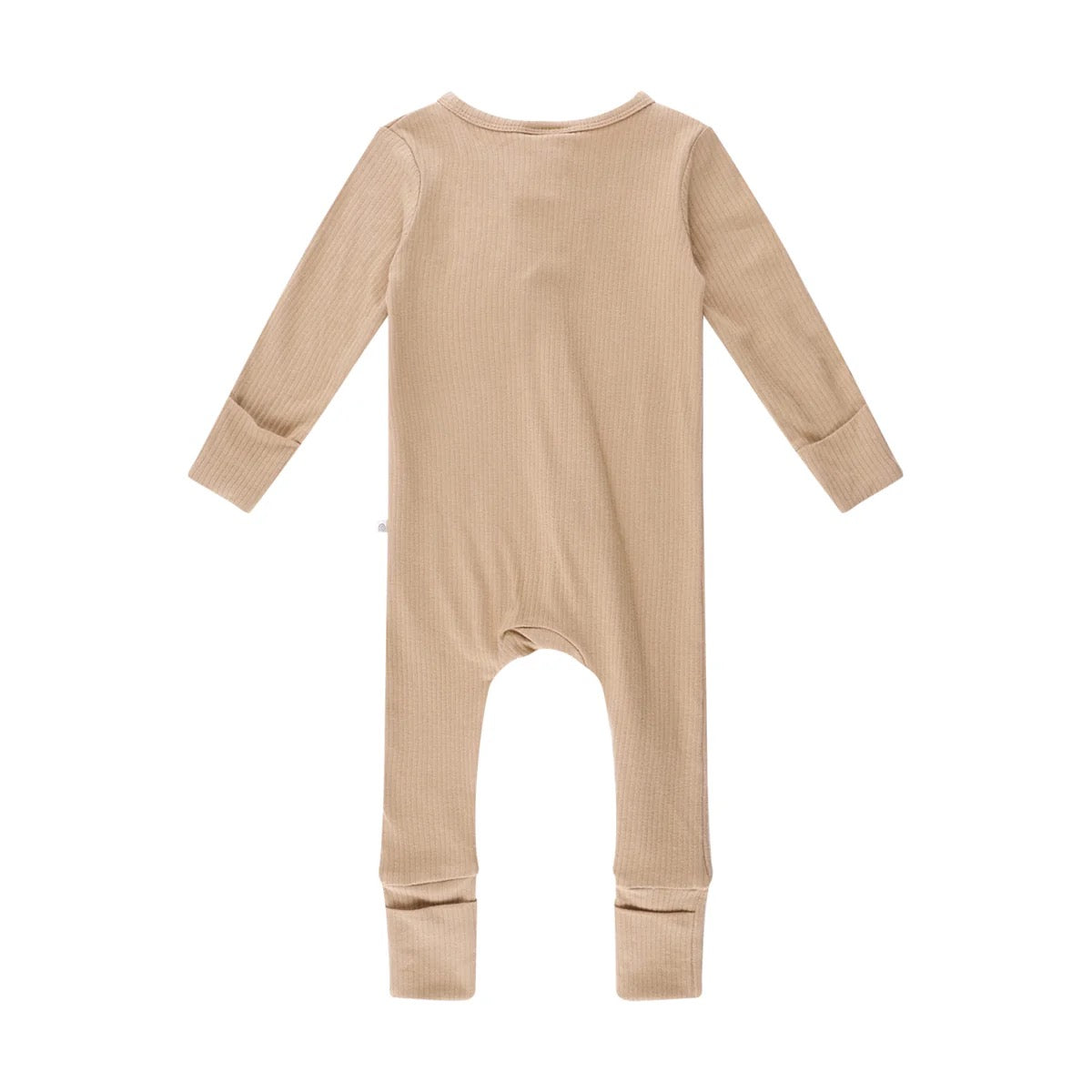 The KYND BABY Kynd Baby - Rib Day or Night Onesie Mocha is a beige cotton, ribbed onesie with cuffed wrists and ankles, shown flat from the back on a white background. Features a 2-way zipper for easy changes—ideal for day or night wear.