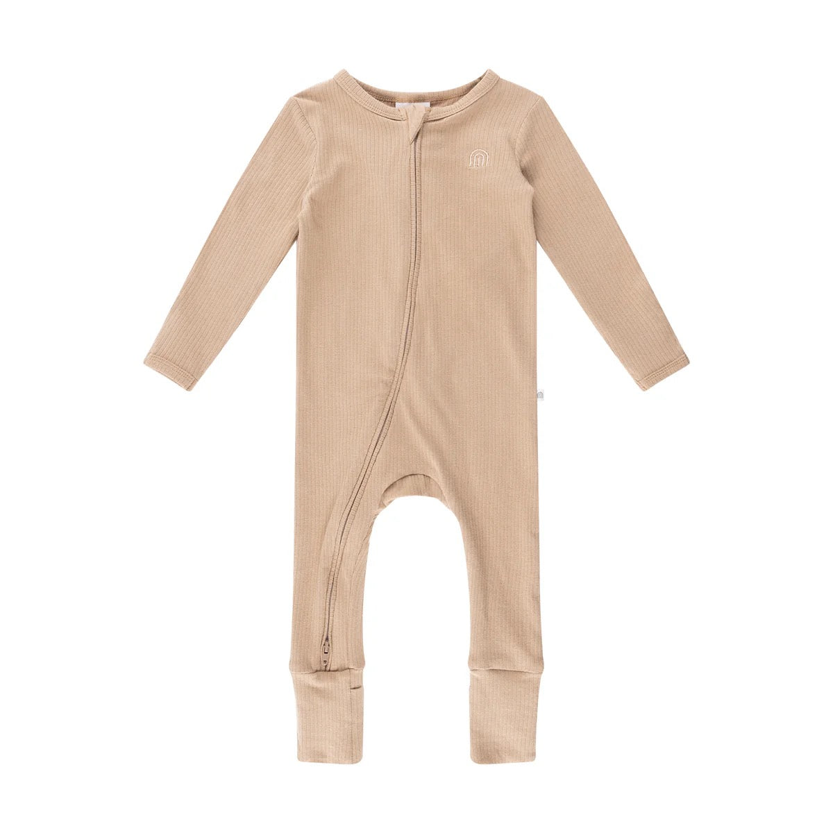 KYND BABY's Kynd Baby - Rib Day or Night Onesie Mocha: a cotton baby onesie featuring an asymmetrical 2-way zipper, fold-over cuffs, and a small embroidered logo on the chest, shown on a white background.