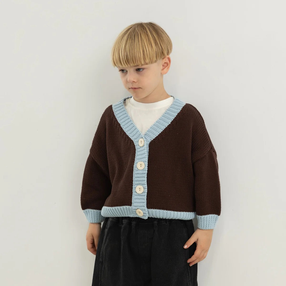 Tiny Trove - Rye Cotton Knitted Cardigan Coffee/Sky Blue