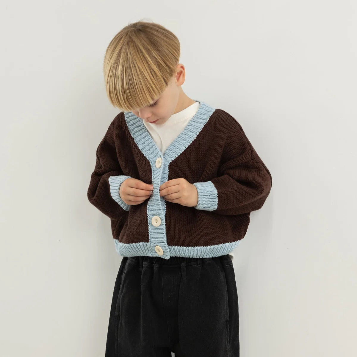 Tiny Trove - Rye Cotton Knitted Cardigan Coffee/Sky Blue
