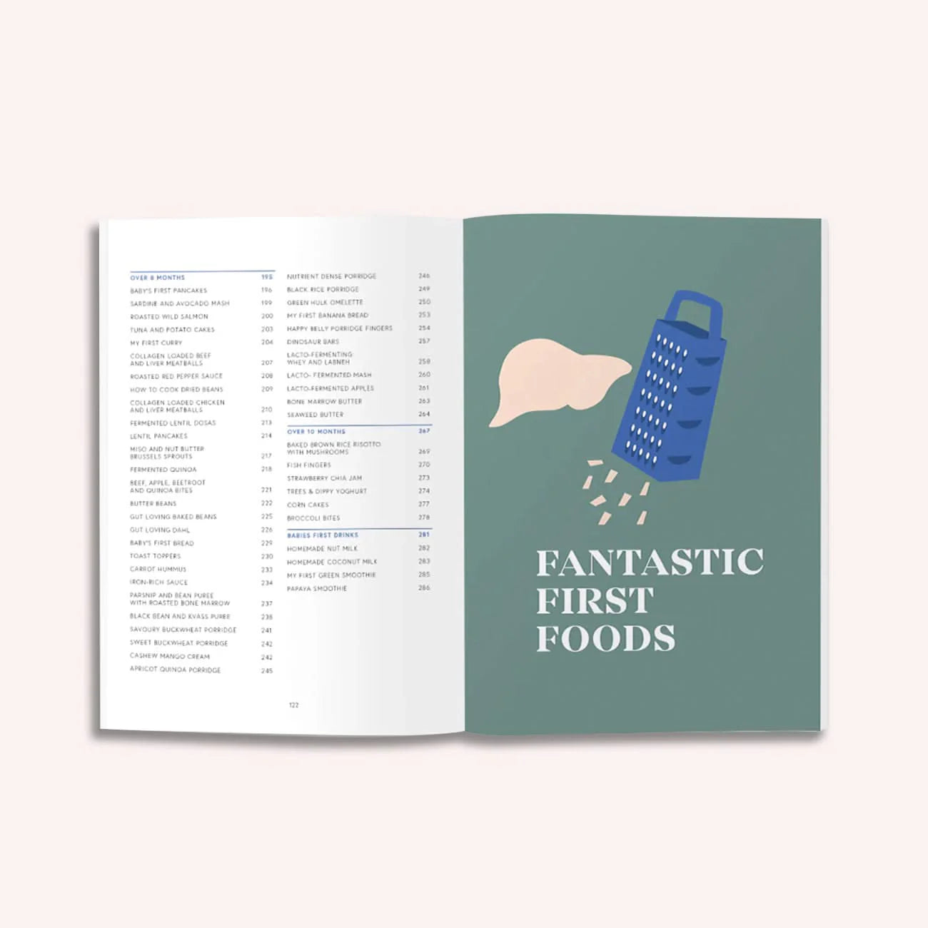 An open cookbook, Milk to Meals by Luka McCabe (Boob to Food), displays a contents page and a green page with a grater, cheese illustration, and “FANTASTIC FIRST FOODS”—an ideal baby food guide for introducing solids.