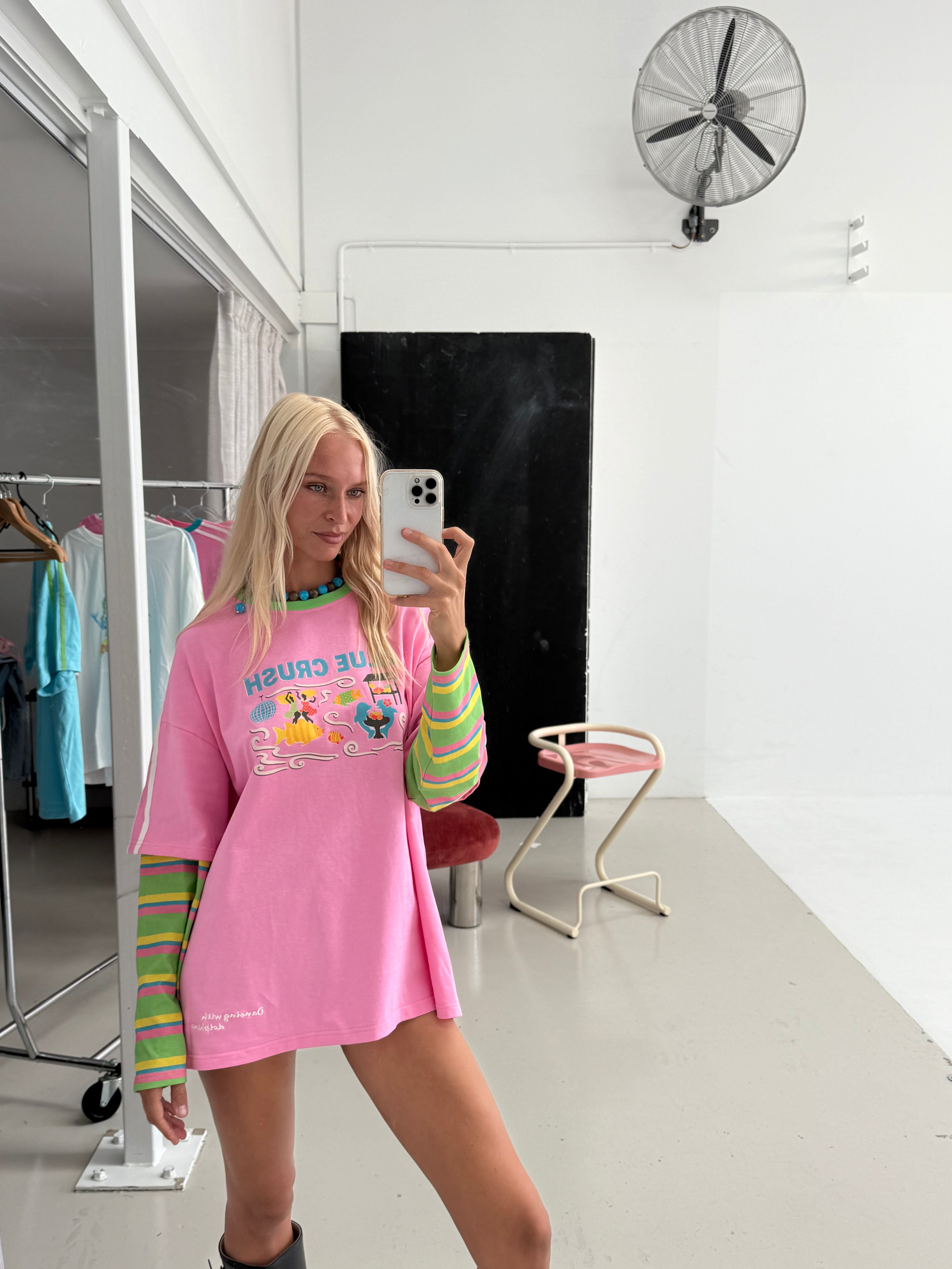 Spicy Dugong - Adults Blue Crush Layered Long Sleeve Pink/Green