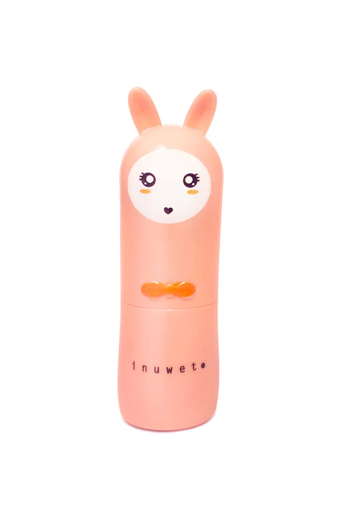 The Bunny Lip Balm Vanilla/Coco by INUWET is an adorable, vegan lip balm designed to resemble a pink bunny with small ears and a sweet face. This charming bunny has orange eyes, a tiny nose, and a heart-shaped mouth. Infused with shea butter, the cruelty-free balm displays the brand name "INUWET" printed in black letters near the bottom of the tube.