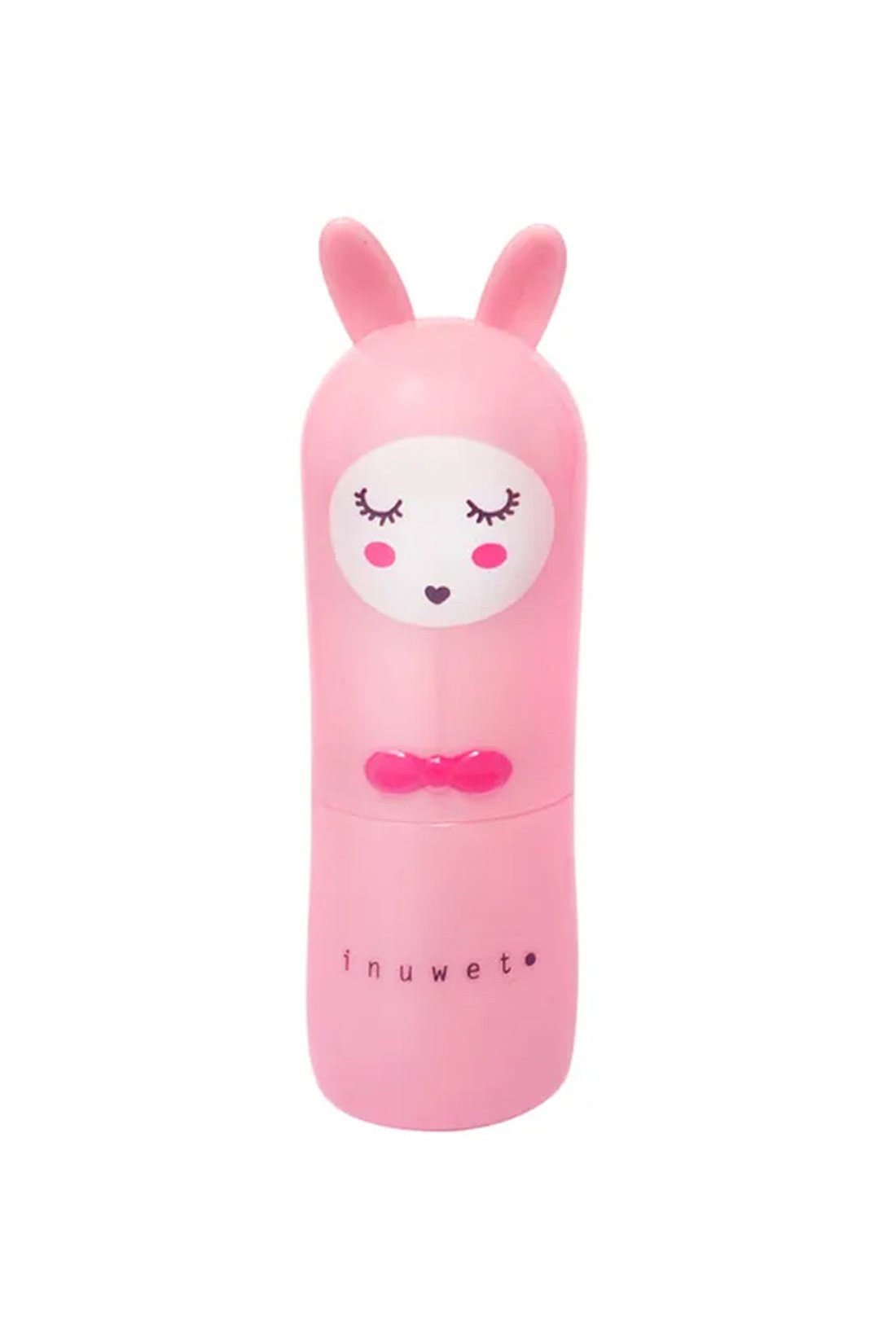 Introducing the INUWET Bunny Lip Balm Strawberry: A cute, pink lip balm shaped like a bunny character with closed eyes, rosy cheeks, and a small, smiling mouth. Enriched with nourishing shea butter and featuring a delightful strawberries and cream scent, the cap boasts bunny ears while the body is adorned with a pink bow. The brand name "INUWET" is elegantly printed at the bottom.