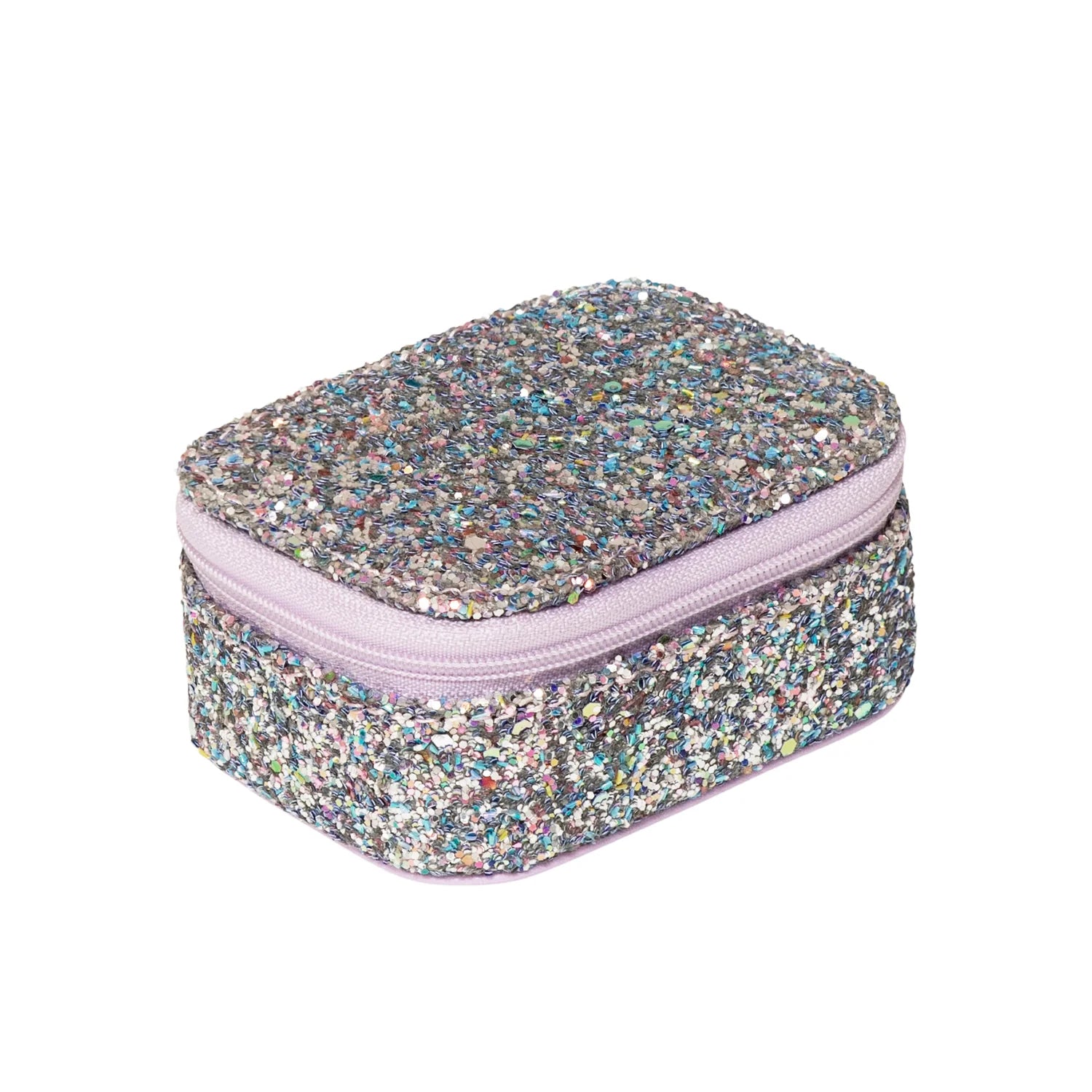 The Rockahula Lilac Confetti Glitter Mini Jewellery Box by ROCKAHULA features a rectangular recycled fabric design, lilac zipper, and multicolored sparkles—ideal for stylish jewellery storage.