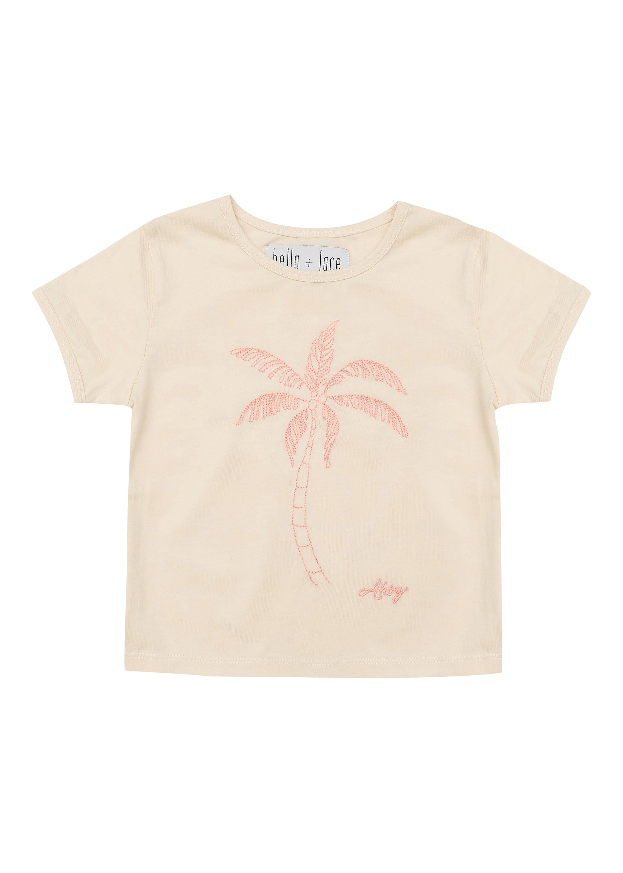 A Key Largo Tee Vanilla by BELLA + LACE, featuring a delightful palm tree design on white cotton jersey.