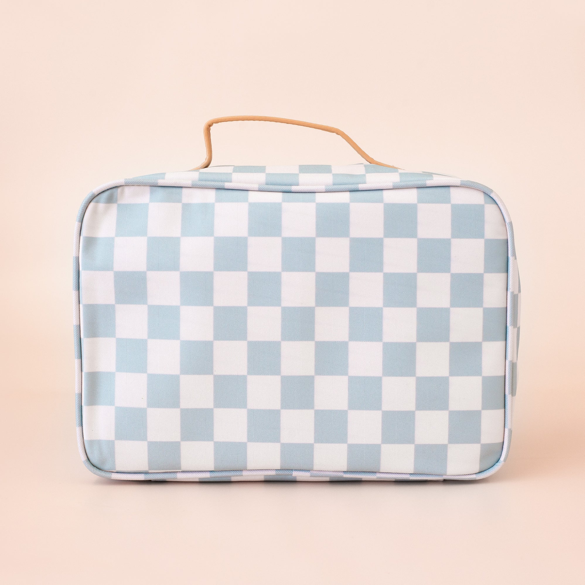 The FOX & FALLOW Sage Check Large Lunch Bag is a rectangular, kid-approved bag with a blue and white checkerboard design, tan top handle, and light background.