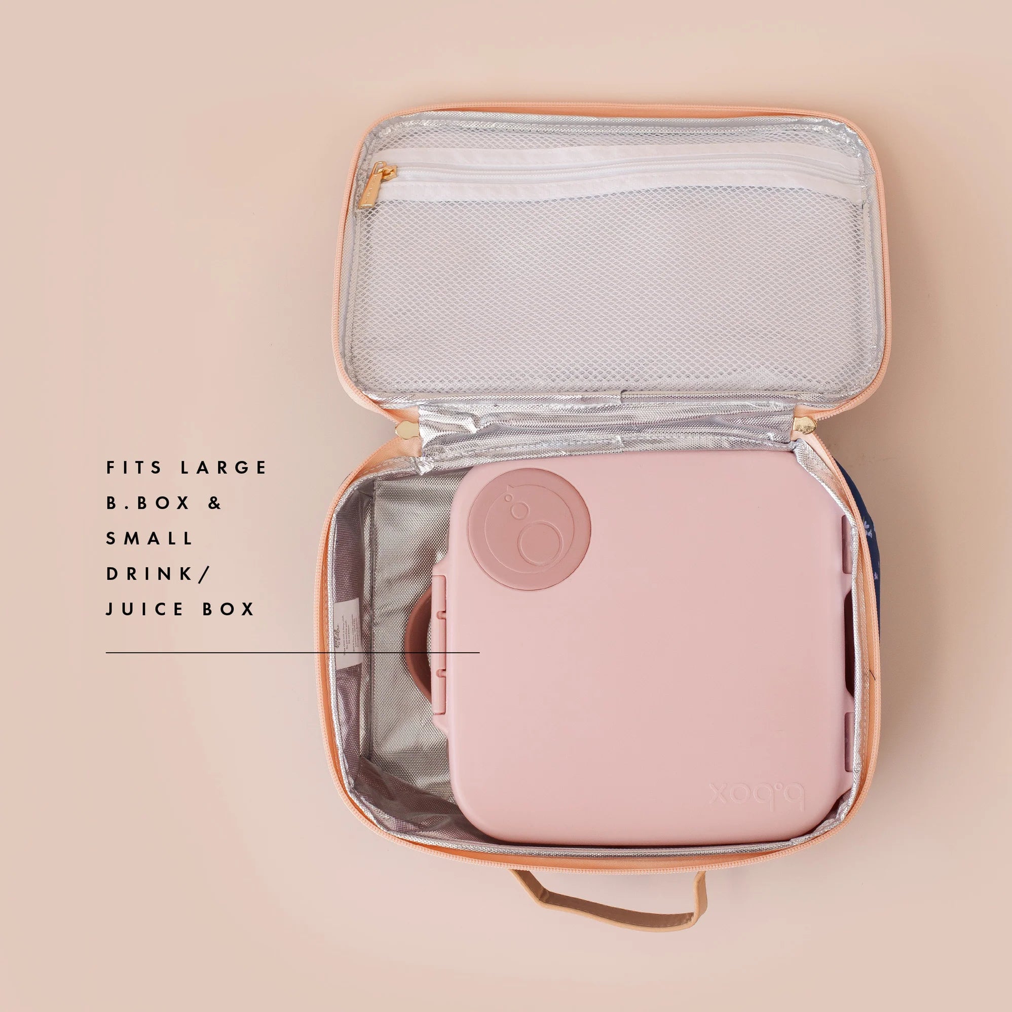 The FOX & FALLOW - Sage Check Large Lunch Bag holds a large b.box lunchbox and a small drink box. This kid-approved bag features a zippered lid and mesh pocket—perfect for school lunches!.