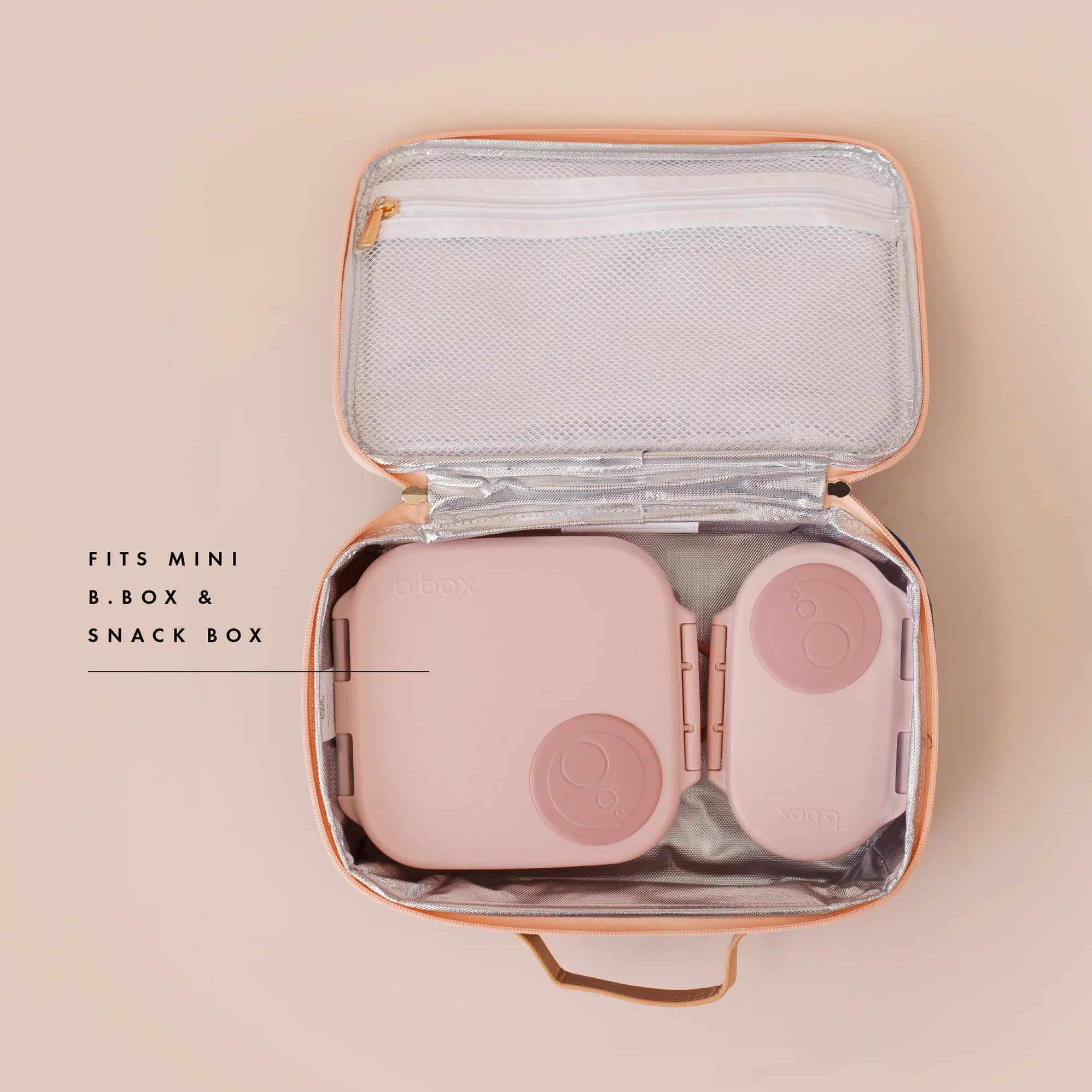 The FOX & FALLOW - Sage Check Large Lunch Bag, featuring a mesh pocket in the lid, fits Mini B.box & Snack Box. Shown open with two pink containers, it’s perfect for kid-approved lunches.