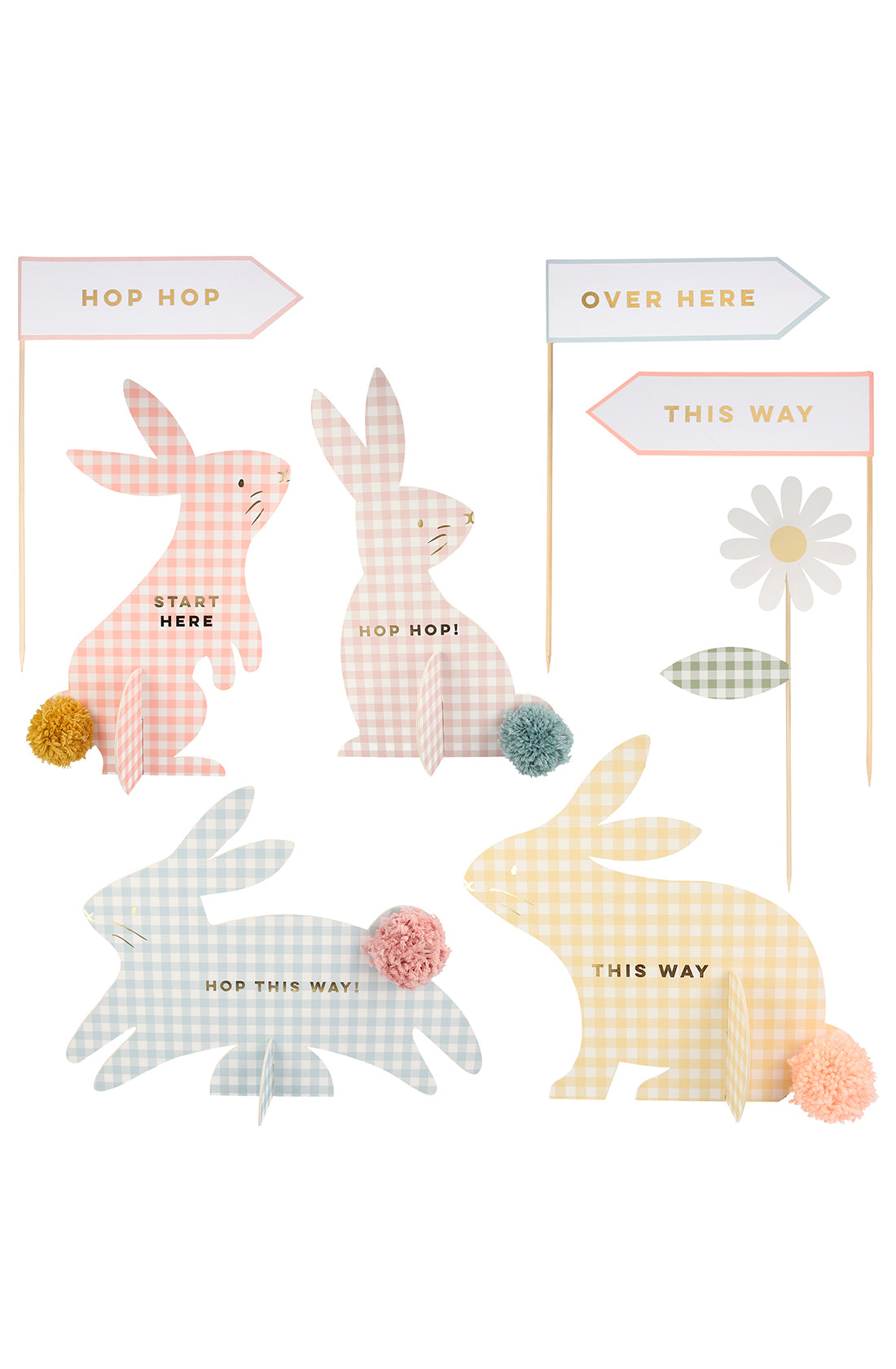 The Gingham Bunnies Egg Hunt Kit by MERI MERI features pastel-colored rabbit cutouts with pom-poms, some holding gingham signs stating "HOP HOP" and "THIS WAY," a daisy, and directional arrows, creating a delightful scene.
