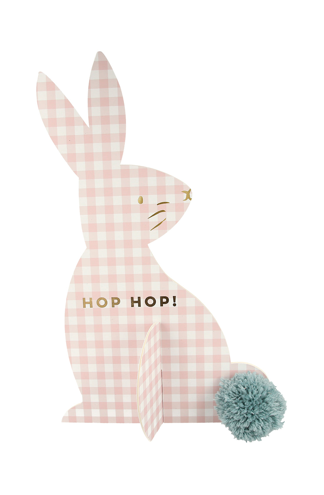 The Gingham Bunnies Egg Hunt Kit by MERI MERI features a standing paper bunny with pink and white gingham print, gold "HOP HOP!" text, a blue pom-pom tail, and a simple face design in profile, perfect for charming any egg hunt setup.