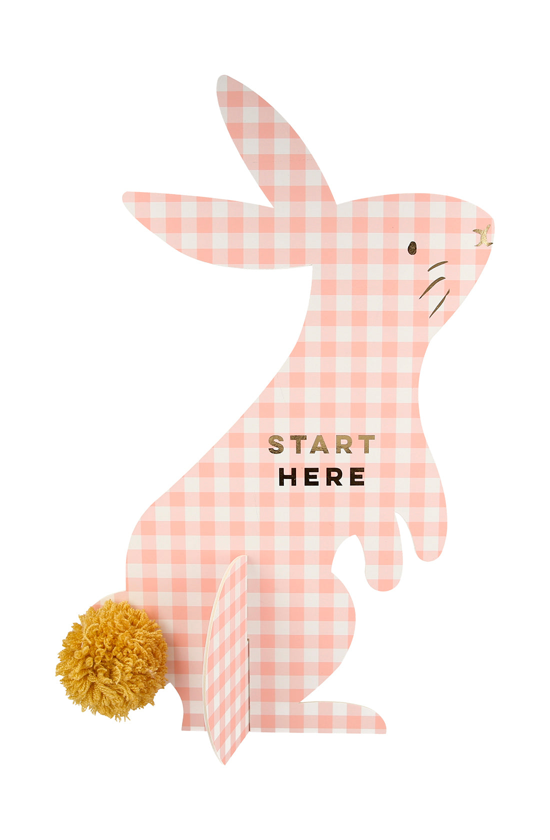 The MERI MERI Gingham Bunnies Egg Hunt Kit includes a charming pink and white gingham rabbit with a yellow pom-pom tail and "START HERE" on its body, perfect for guiding your adventure.