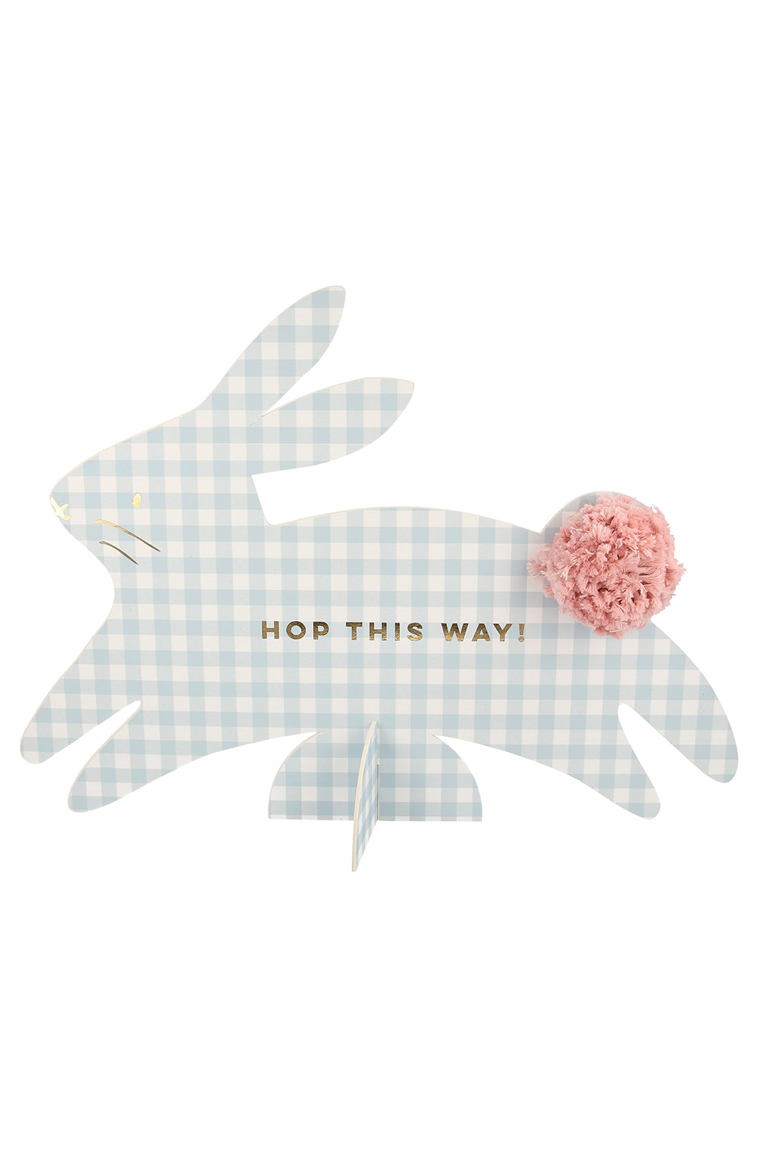 The Gingham Bunnies Egg Hunt Kit by MERI MERI includes a bunny silhouette with a blue and white gingham print, a fluffy pink pom-pom tail, and shimmering gold foil letters spelling "HOP THIS WAY!" Perfect for your egg hunt kit.