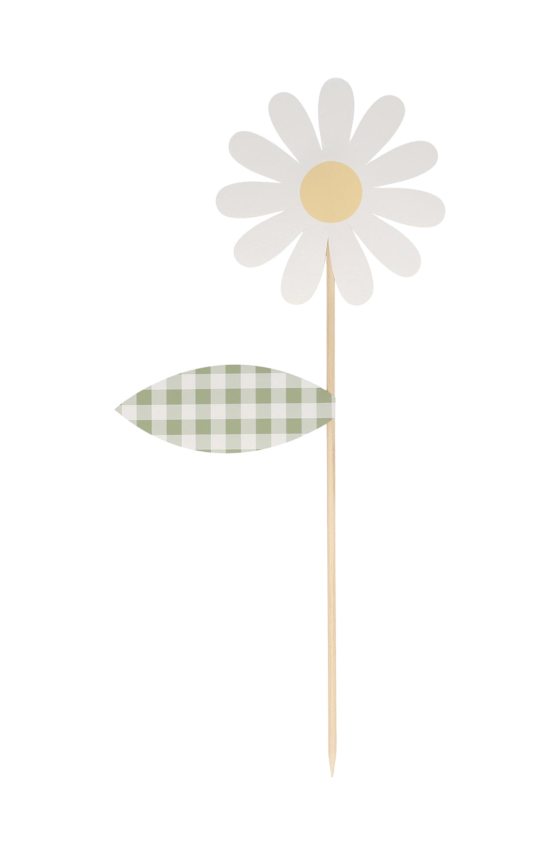 The Gingham Bunnies Egg Hunt Kit by MERI MERI features a daisy-like flower illustration with white petals, a yellow center, and a single gingham print leaf in green and white for added charm.