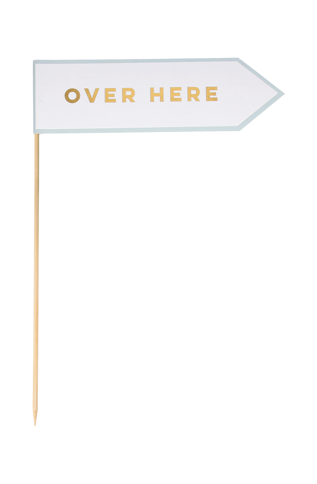The MERI MERI Gingham Bunnies Egg Hunt Kit includes a whimsical white arrow-shaped sign with a light blue border on a wooden stick, featuring gold foil "OVER HERE" text. Perfect for adding charm to any festive occasion.