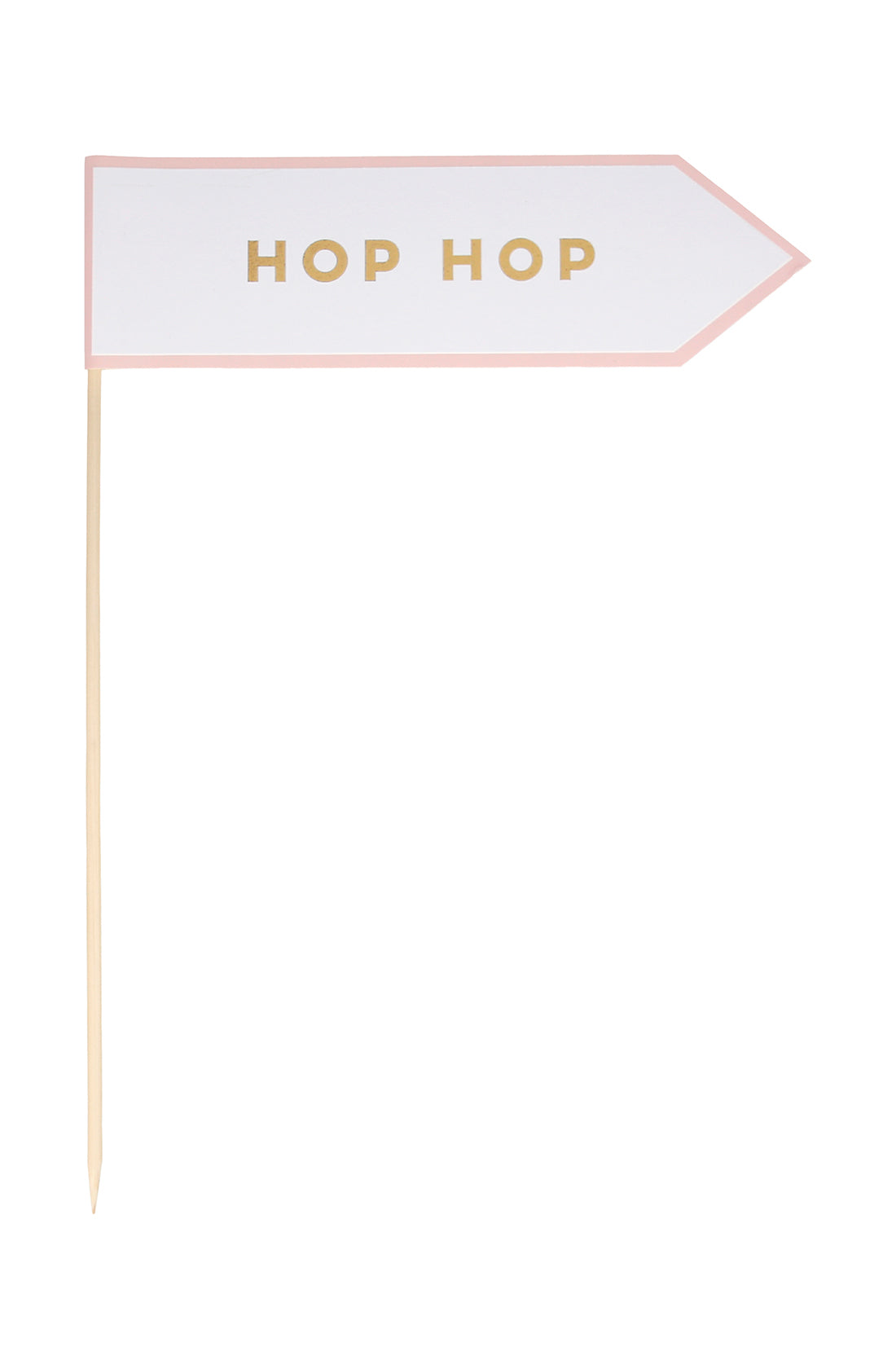 The Gingham Bunnies Egg Hunt Kit by MERI MERI includes a decorative arrow sign featuring "HOP HOP" in gold with a pink border and gold foil detail, mounted on a thin wooden stick.