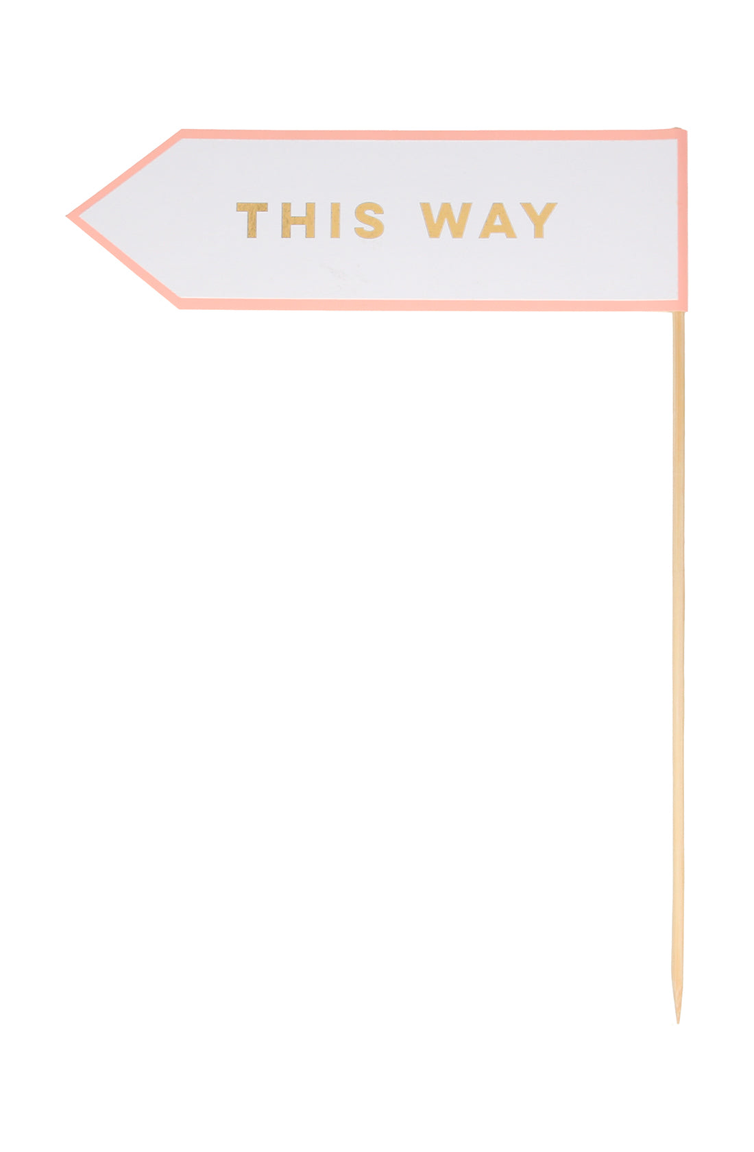 Part of the MERI MERI Gingham Bunnies Egg Hunt Kit, this white arrow sign features a pink border and "THIS WAY" in gold foil lettering. Attached to a wooden stick, it's perfect for adding charm to any playful adventure.