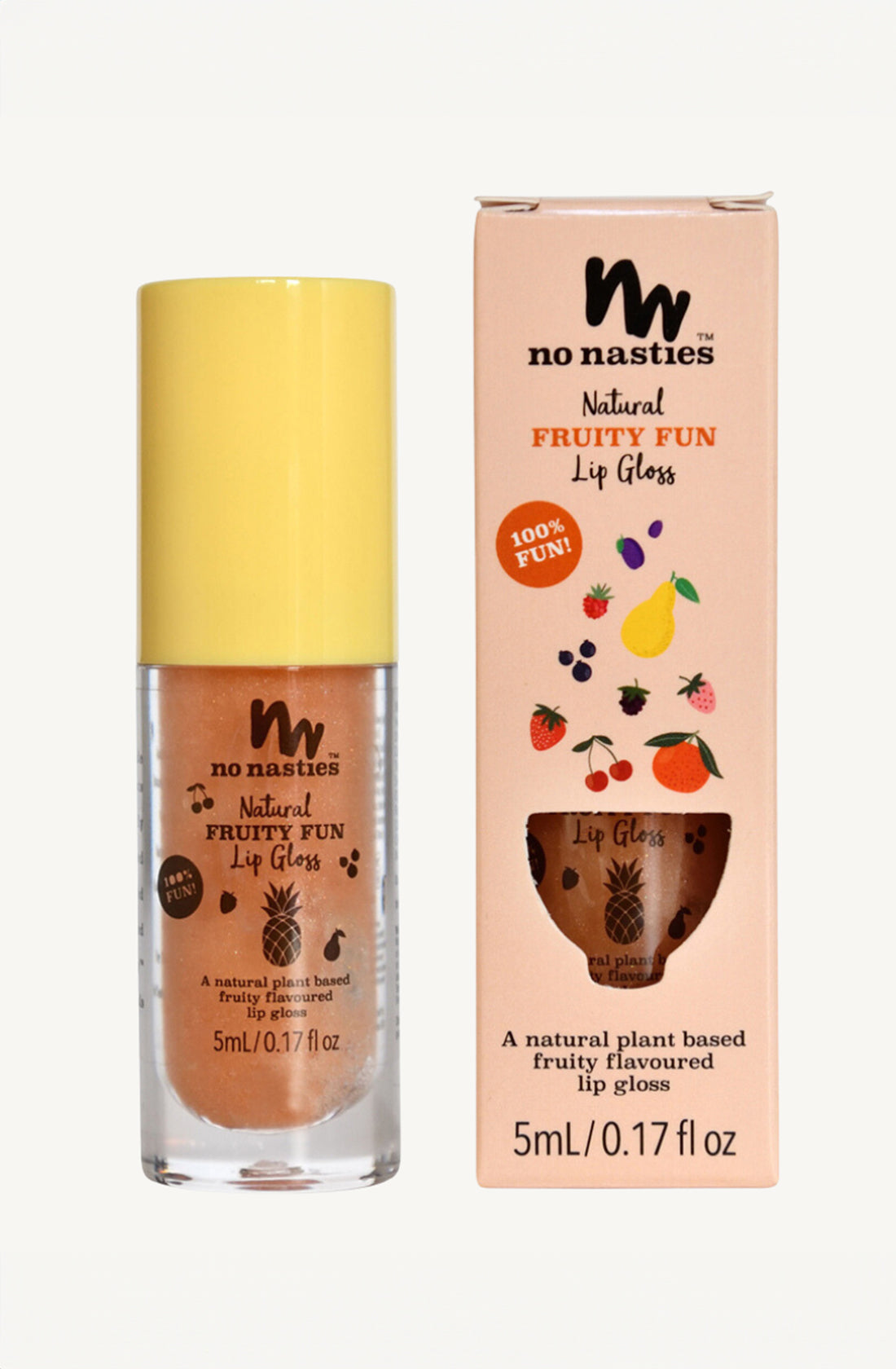 Two no nasties natural kids lip gloss in fruity fun flavour, one in its box and the other out of it.