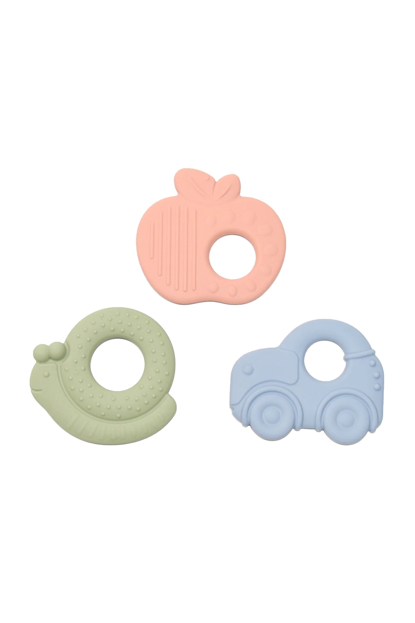 The KYND BABY Silicone Teething Set includes three BPA-free, food-grade silicone teethers in pastel hues: a pink apple, green snail, and blue car. Each features a circular grip hole and textured surfaces for gum relief, all displayed against a white background.