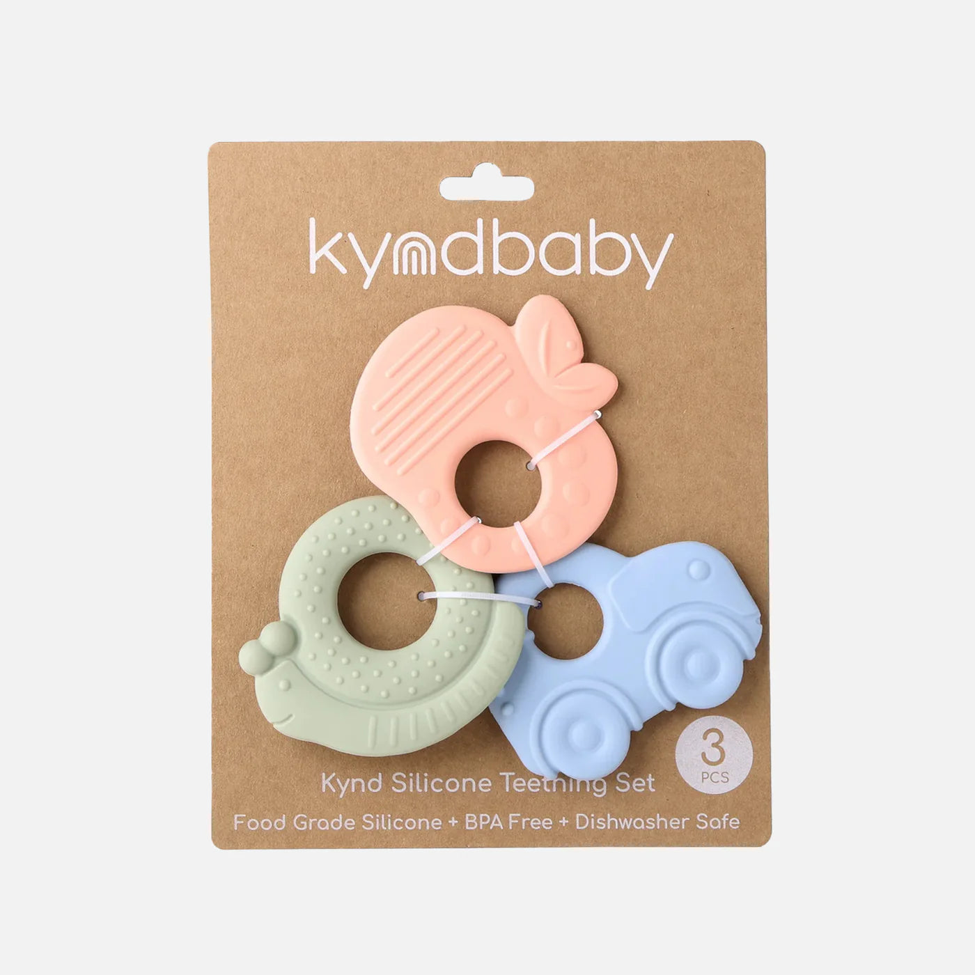 The KYND BABY Silicone Teething Set includes three charming teething toys shaped like an apple, donut, and car in pastel pink, green, and blue. Made from food-grade silicone and BPA-free materials, these dishwasher-safe toys ensure safe playtime.
