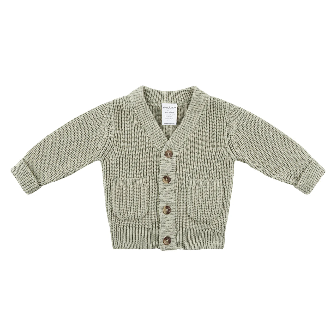 The KYND BABY "Kynd Baby - Chunky Knit Cardigan Sage" is a light sage green organic cotton knit cardigan for babies, with long sleeves, front pockets, a V-neck, and four brown buttons—designed for ultimate comfort.