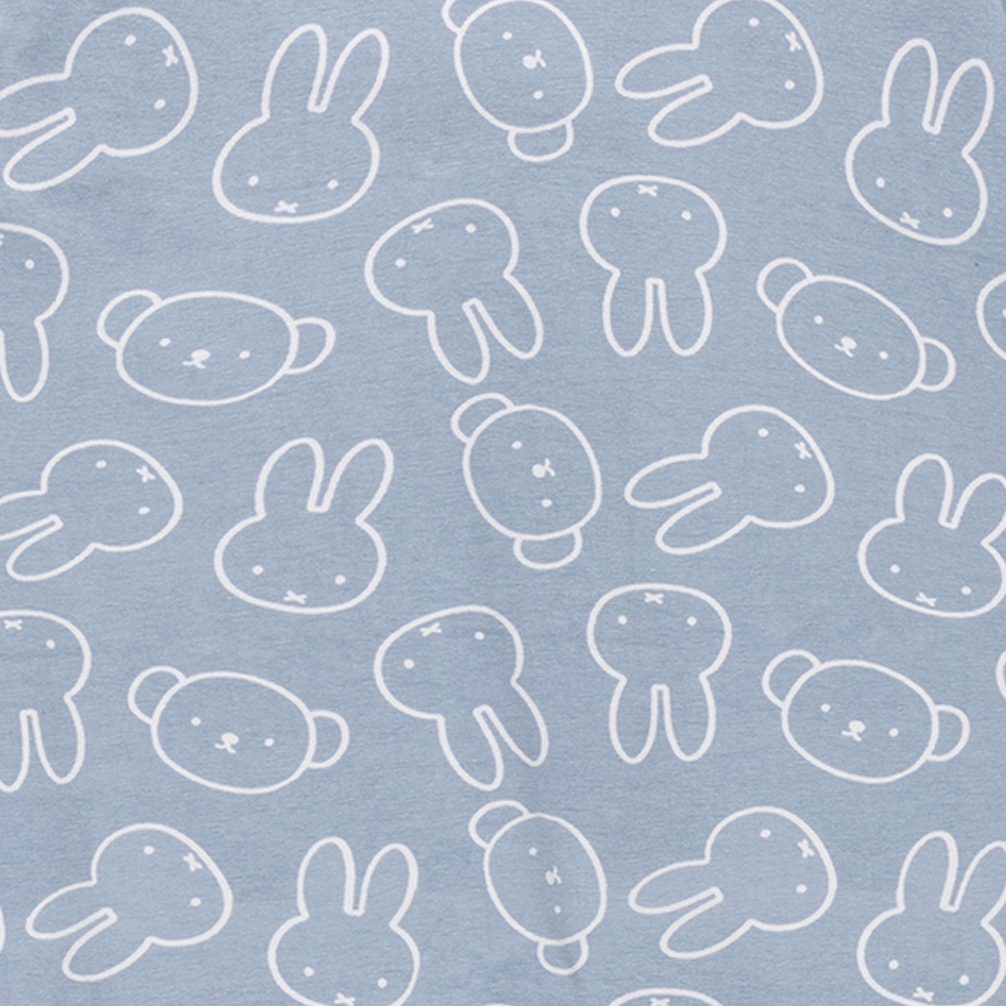 The Kynd Baby - Miffy Day Or Night Onesie in Moody Blue by KYND BABY features a playful light blue background with simple white line drawings of rabbits and bears in various poses.