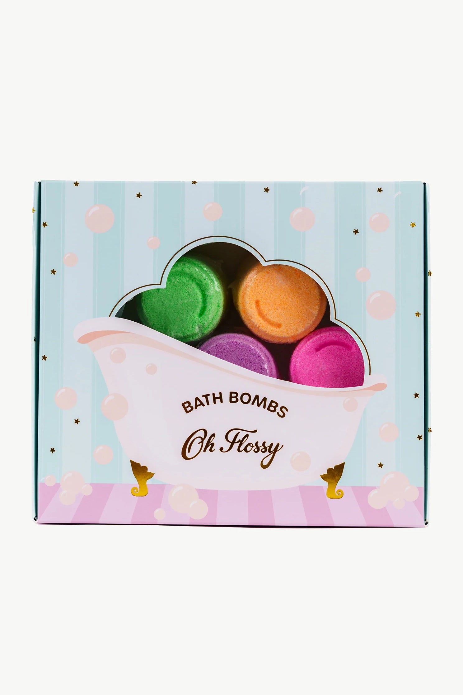 Discover the Oh Flossy Kids Mini Bath Bombs set, featuring four colorful bath bombs in green, orange, pink, and purple. Handmade in Australia, they're nestled in a light blue box with vertical stripes and white bubbles that resembles a bathtub—gentle on kids' skin.