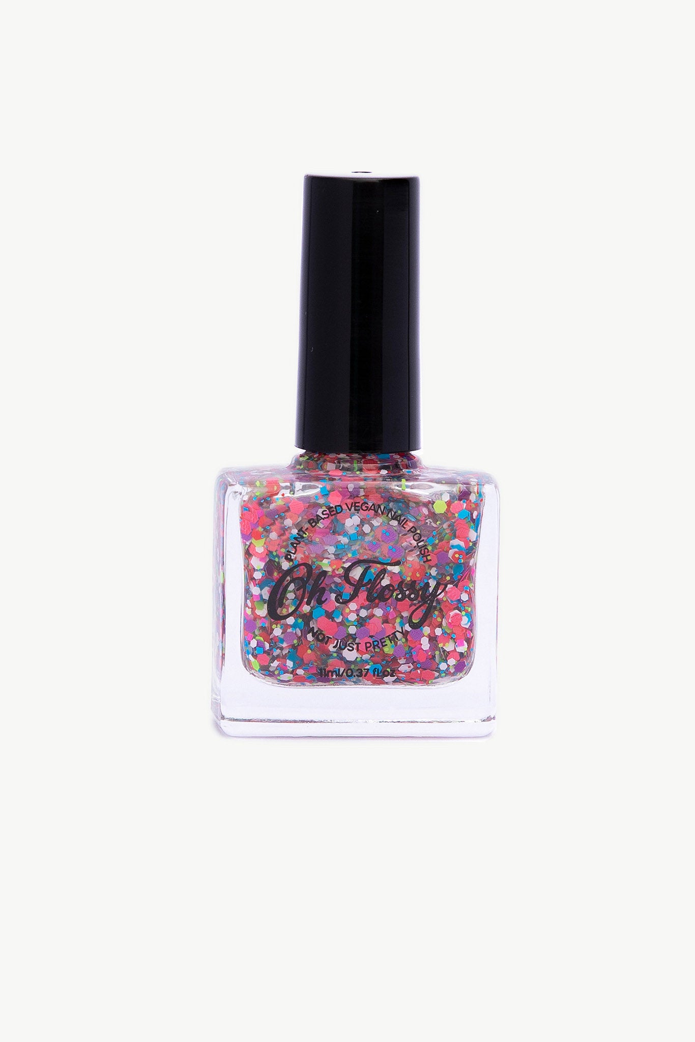 Oh Flossy Nail Polish Confetti Glitter by OH FLOSSY comes with a black cap, clear base filled with pink, blue, yellow, and silver glitter. It's 10-Free, plant-based, safe for kids' hands and features printed text on the bottle front.