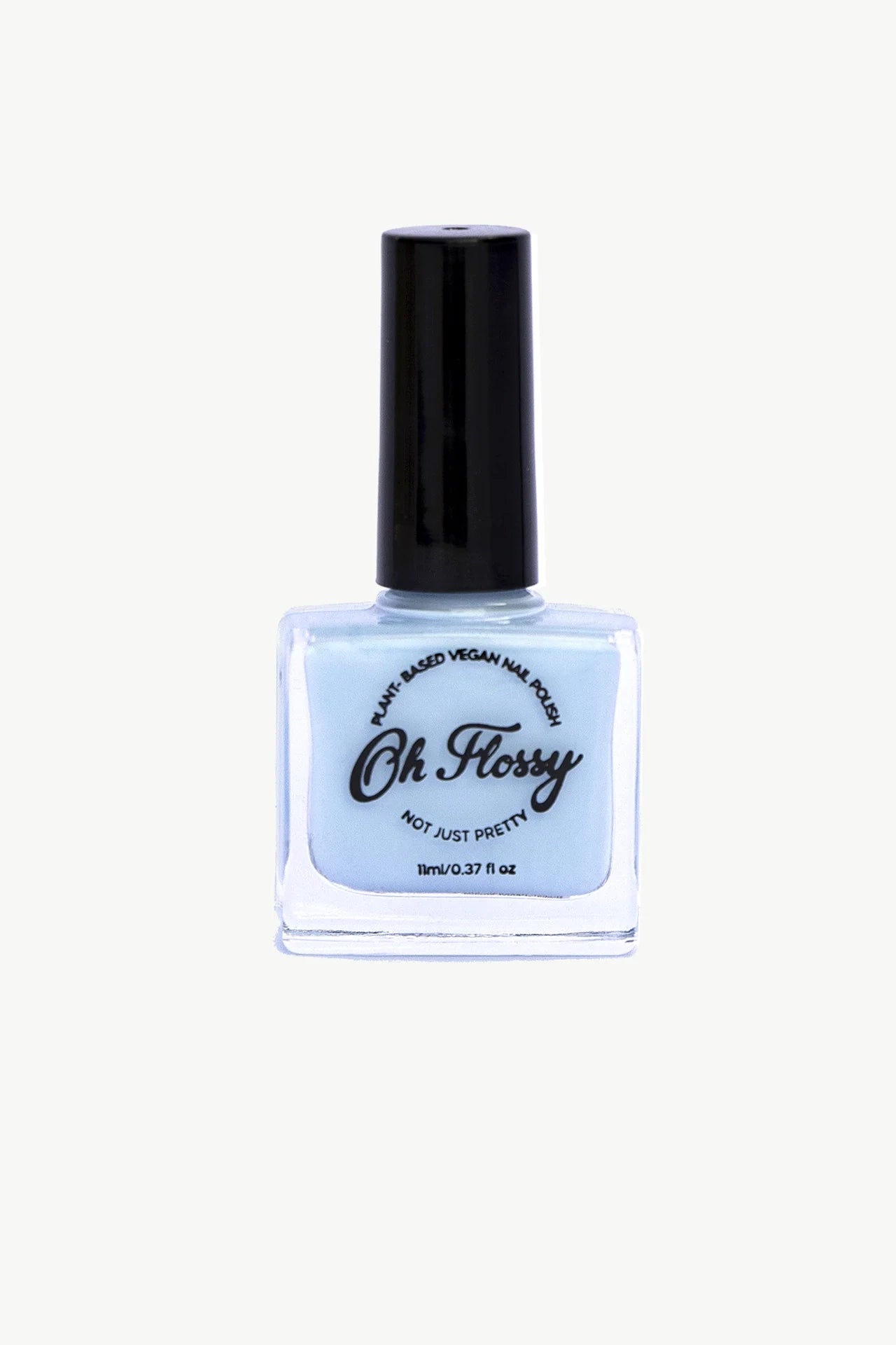 The Oh Flossy ~ Storytime Nail Polish Set in light blue offers a kid-friendly, quick-dry, plant-based vegan formula. The label reads "Plant Based Vegan Nail Polish, Oh Flossy, Not Just Pretty." It contains 11ml (0.37 fl oz) and features a sleek black cap.