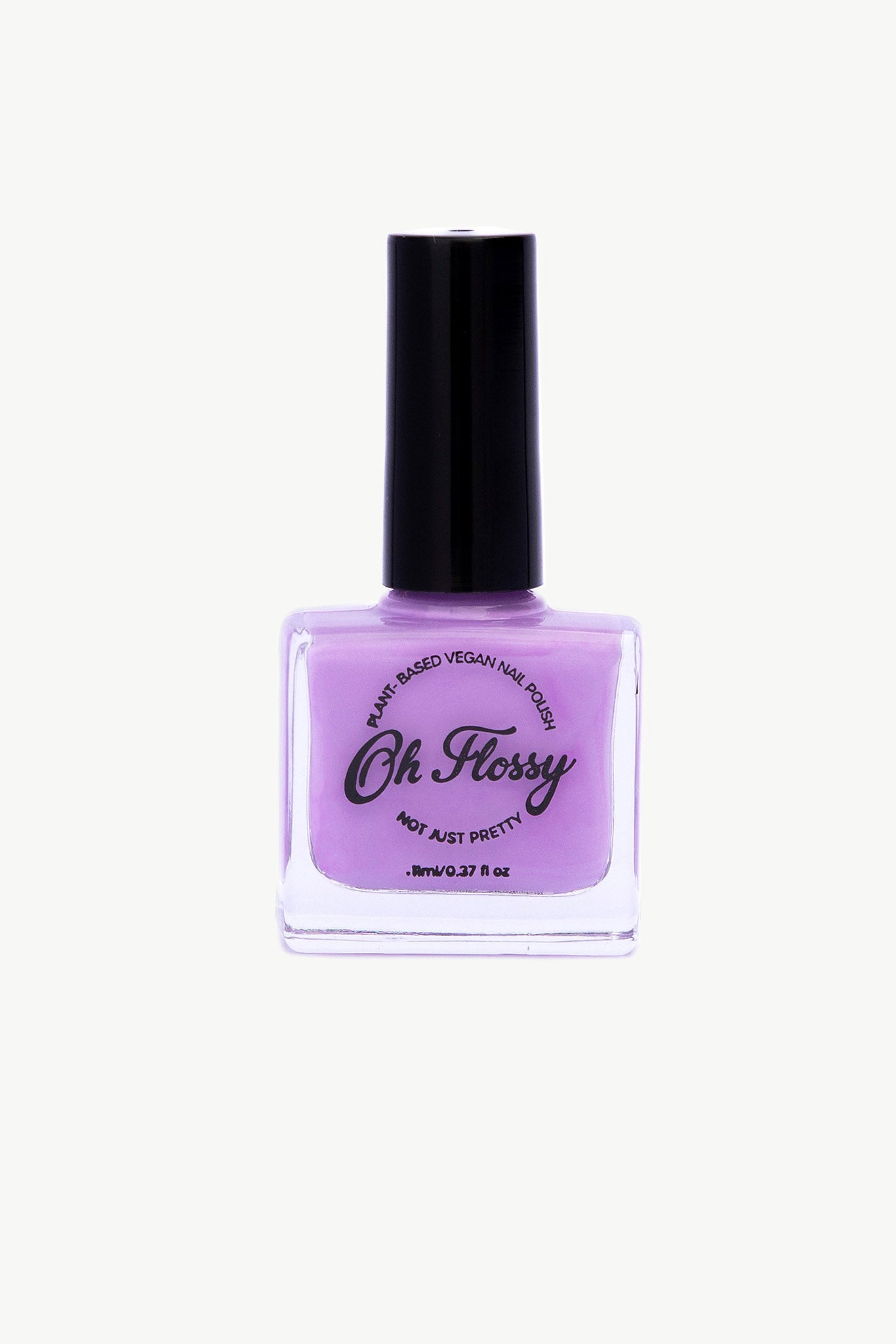 Oh Flossy's Lilac nail polish features a light purple color with a black cap. The label, "Oh Flossy: Not Just Pretty," emphasizes its safe, plant-based vegan formula designed for kids. The 11ml (0.37 fl oz) bottle is ideal for little hands eager to explore creativity.