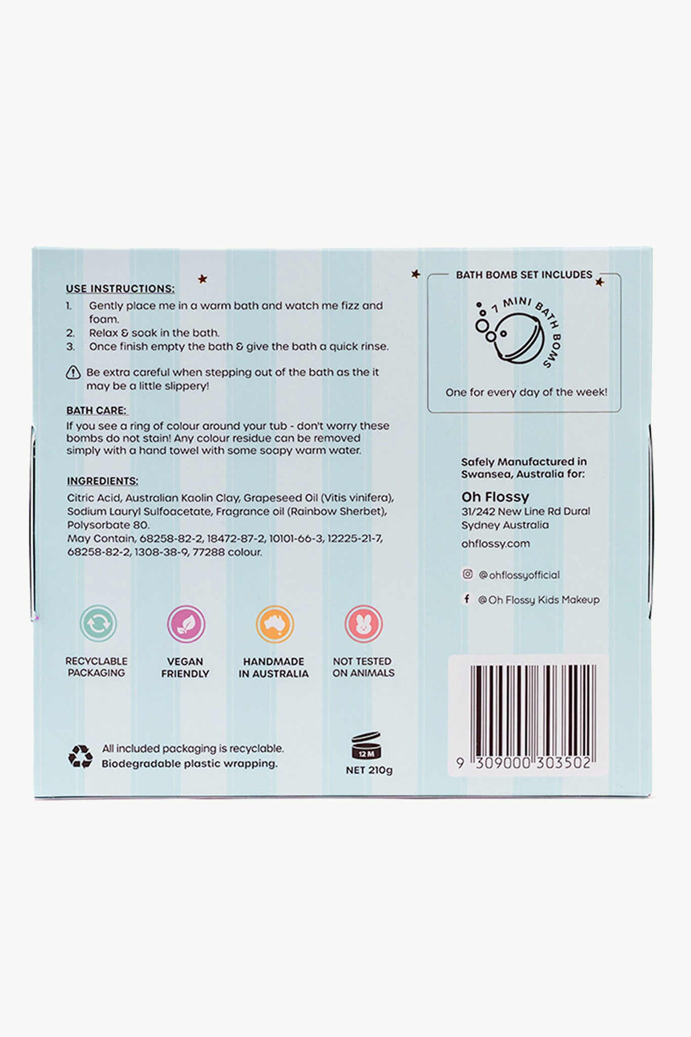 The image shows the back of an Oh Flossy ~ Kids Mini Bath Bombs box by OH FLOSSY, detailing use instructions, bath care tips, and its handmade origin in Australia. Also included are the ingredient list, manufacturing info, social media handles, and playful icons.