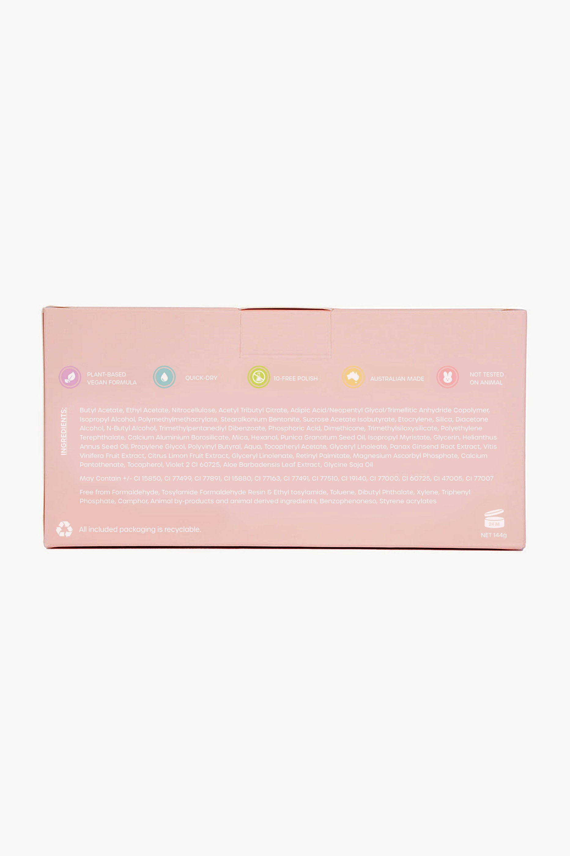 The pink box for the Oh Flossy ~ Storytime Nail Polish Set by OH FLOSSY features a plant-based, quick-dry formula and includes icons/text highlighting its recyclable, GMO-free, sugar-free, low-sugar, gluten-free attributes. It's Australian-made with ingredient and nutritional details included.