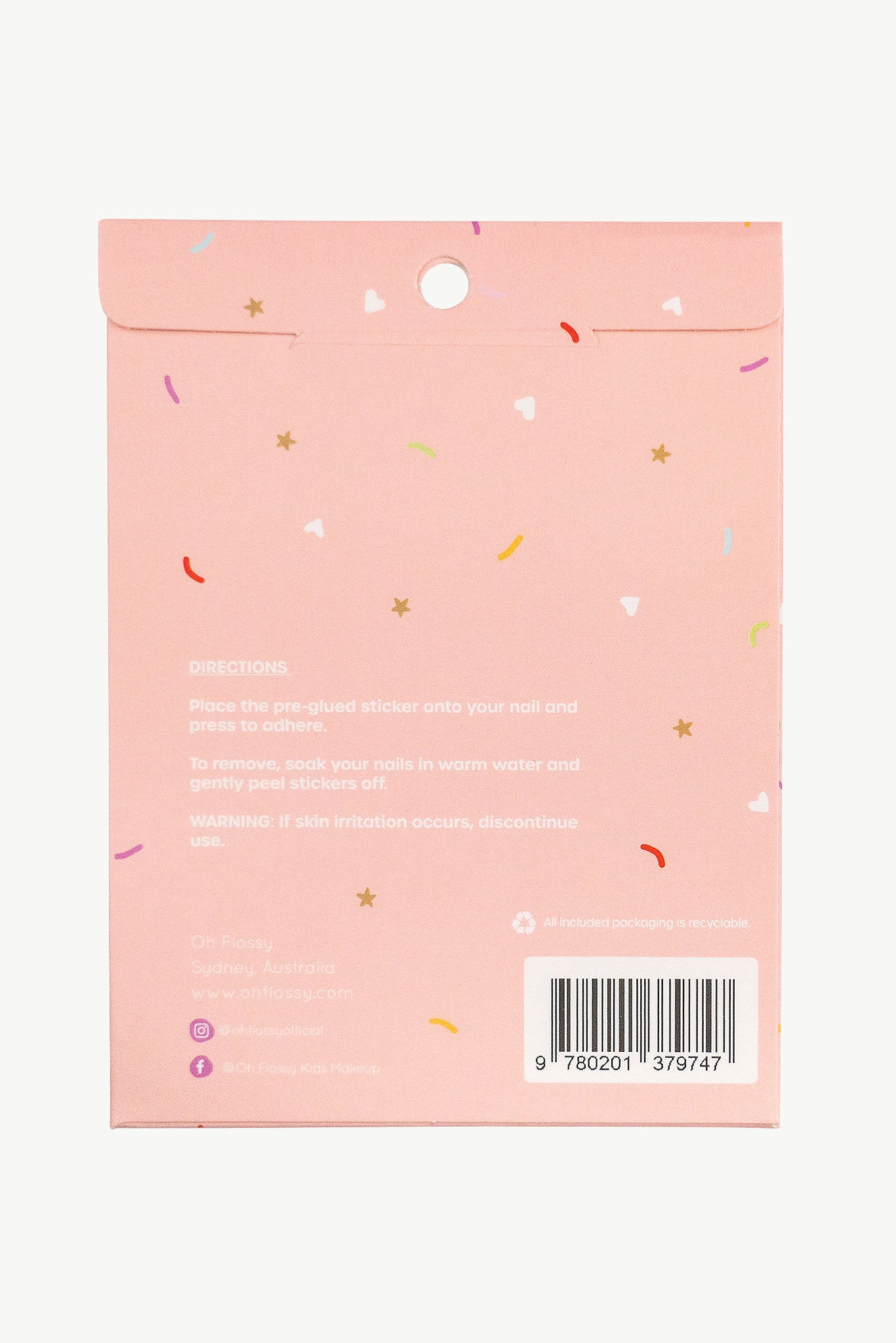 The image shows the back of the Oh Flossy ~ Nail Stickers Flowers package, featuring usage directions. Against a pink background with colorful shapes, it includes instructions and a skin irritation warning in white. OH FLOSSY's social media and contact info are displayed at the bottom.