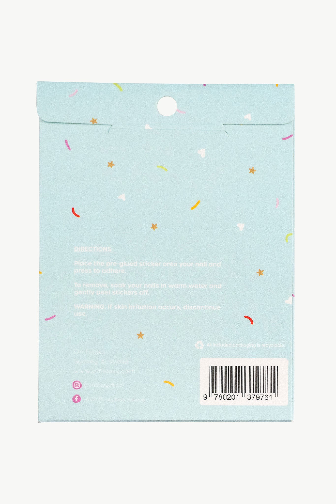 The back of the "Oh Flossy ~ Nail Stickers Sky" by OH FLOSSY features a multicolored confetti design, instructions for use and removal, a skin irritation warning, barcode, and product details. Ideal for nail art enthusiasts!.
