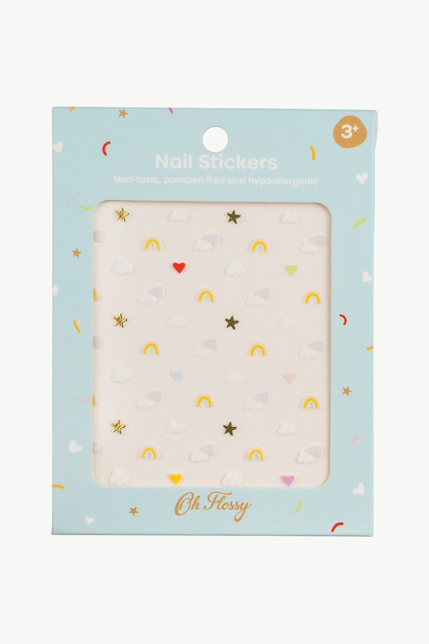 The Oh Flossy Nail Stickers Sky by OH FLOSSY come in a blue package with cute cloud, rainbow, heart, and star designs. These non-toxic, paraben-free, hypoallergenic stickers are ideal for ages 3+ to safely enjoy creative nail art.