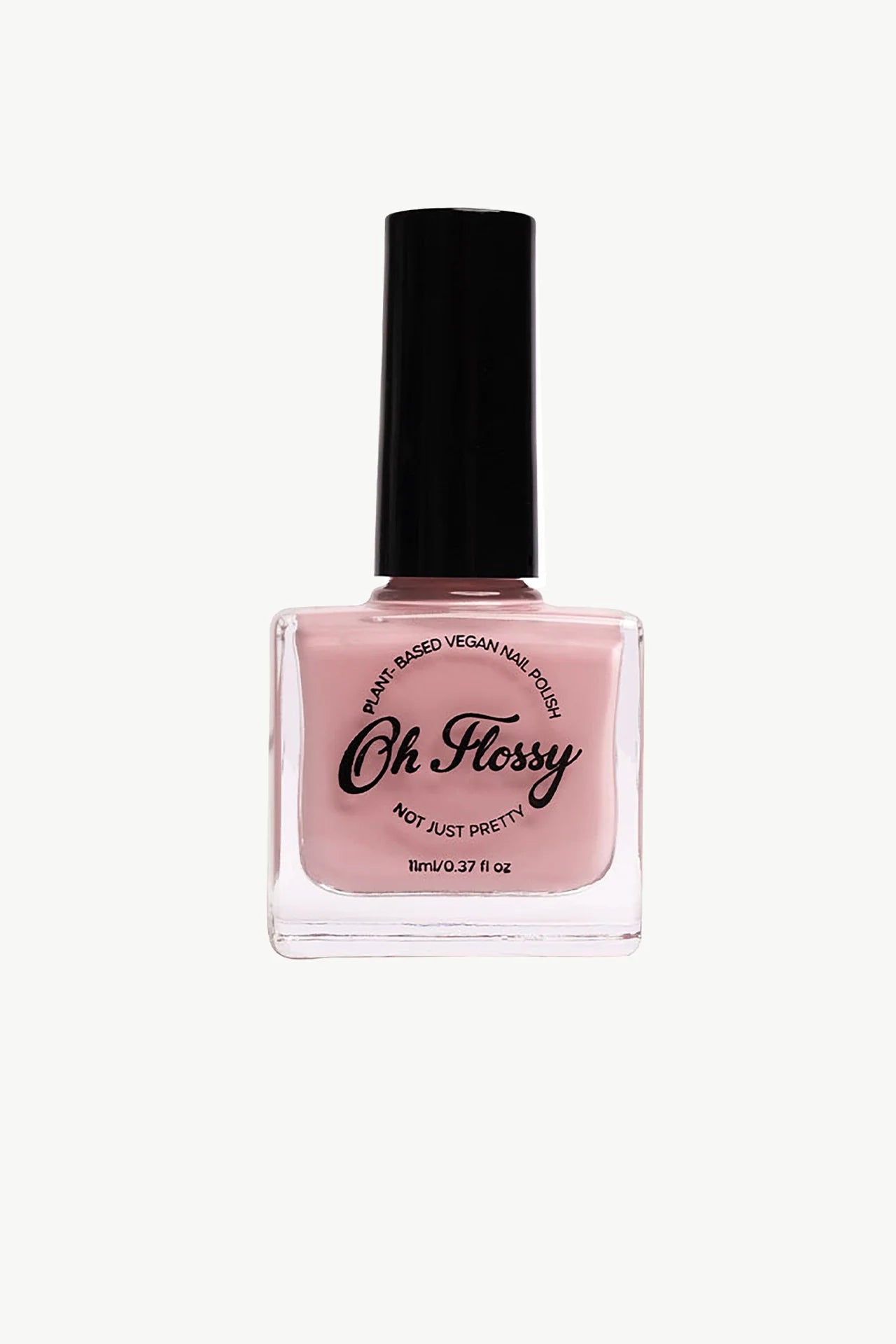 A bottle of OH FLOSSY - Nail Polish Pastel Pink with a black cap, labeled "Plant-Based Vegan Nail Polish." This quick-dry kids polish contains 11ml (0.37 fl oz).