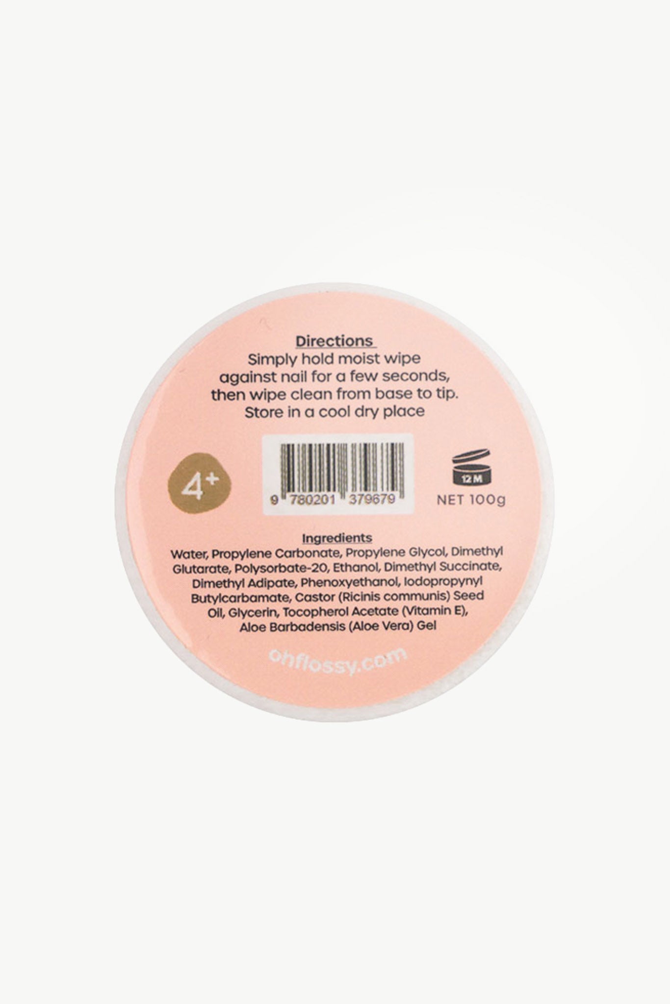 Oh Flossy's water-based nail polish remover wipes come in a round container with a pink lid, featuring directions and an ingredient list including chemicals and aloe vera gel. Made in Australia, they are suitable for ages 4+ and advise wiping against the nail for a few seconds.