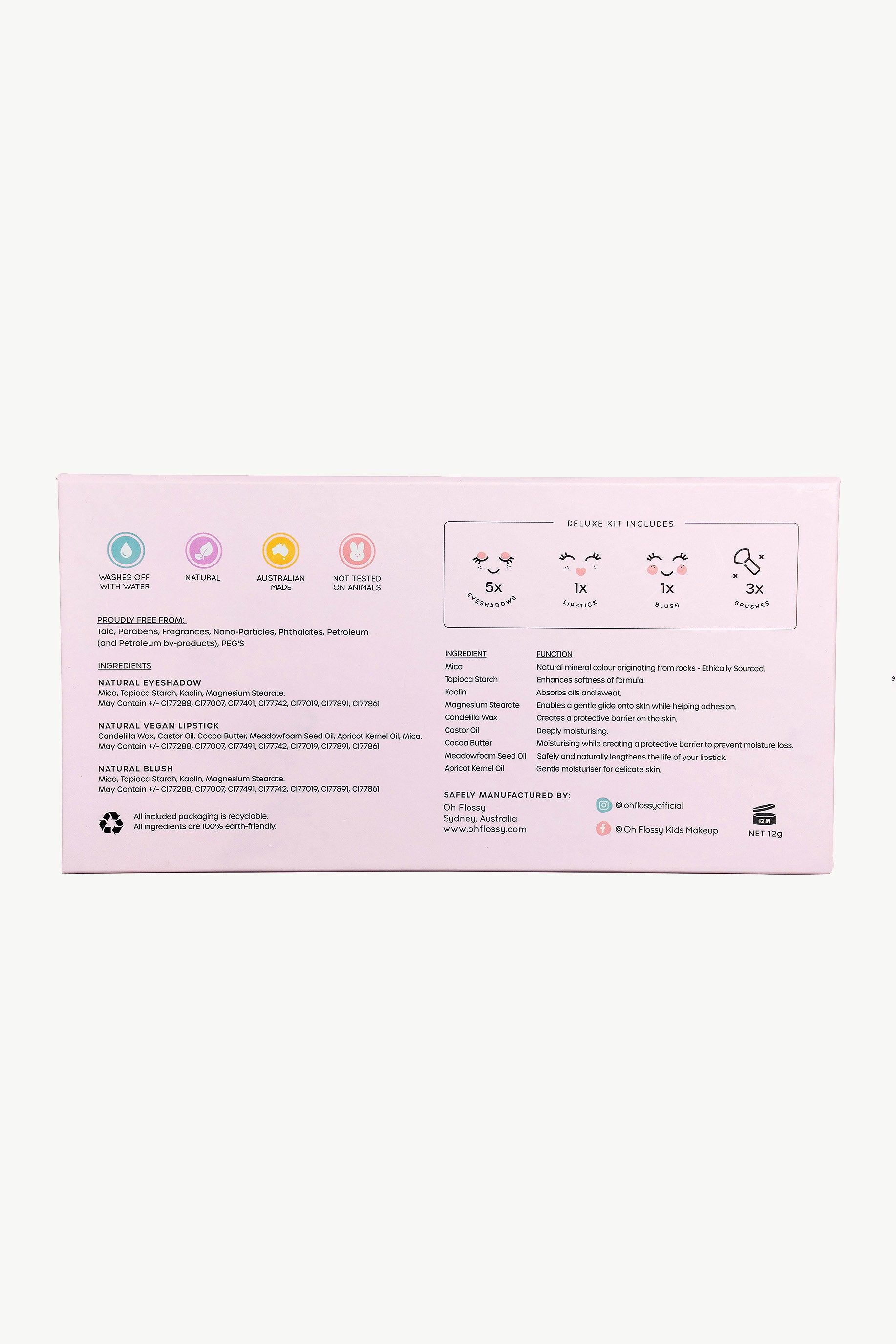 The Oh Flossy ~ Deluxe Makeup Set comes in a vibrant pink box adorned with product details and icons showing contents. Features highlighted include vitamin E, cruelty-free, and non-toxic makeup, along with an ingredients list, recycling symbol, social media icons, and the OH FLOSSY logo.