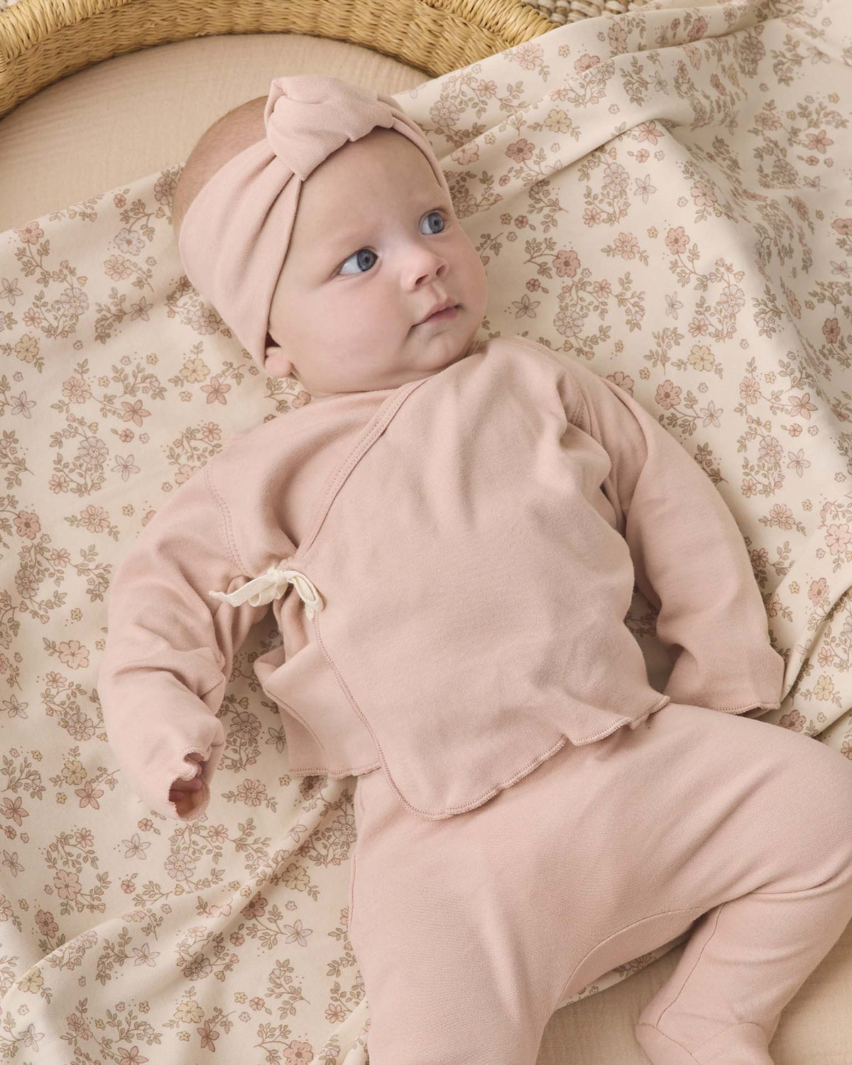 Baby wearing Wrap Top + Footed Pant Set Dusty Rose with headband