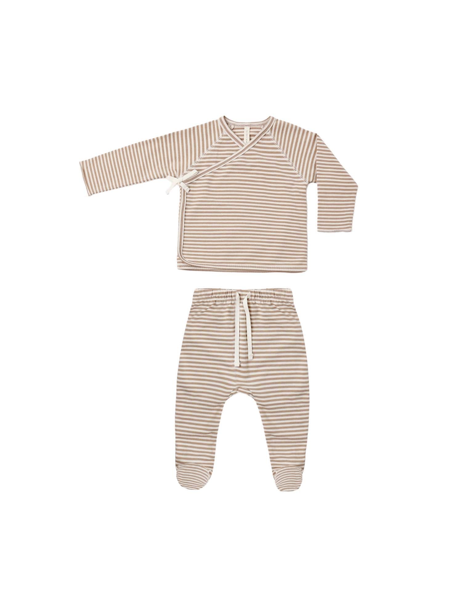 Wrap Top + Footed Pant Set Almond Stripe