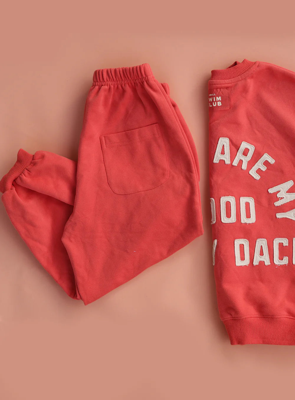 A pair of red sweatpants with an elastic waistband and back pocket, folded beside the SMALL SWIM CLUB Good Tracky Pullover Red/Cream sweatshirt featuring white text, both laid on a light red background.