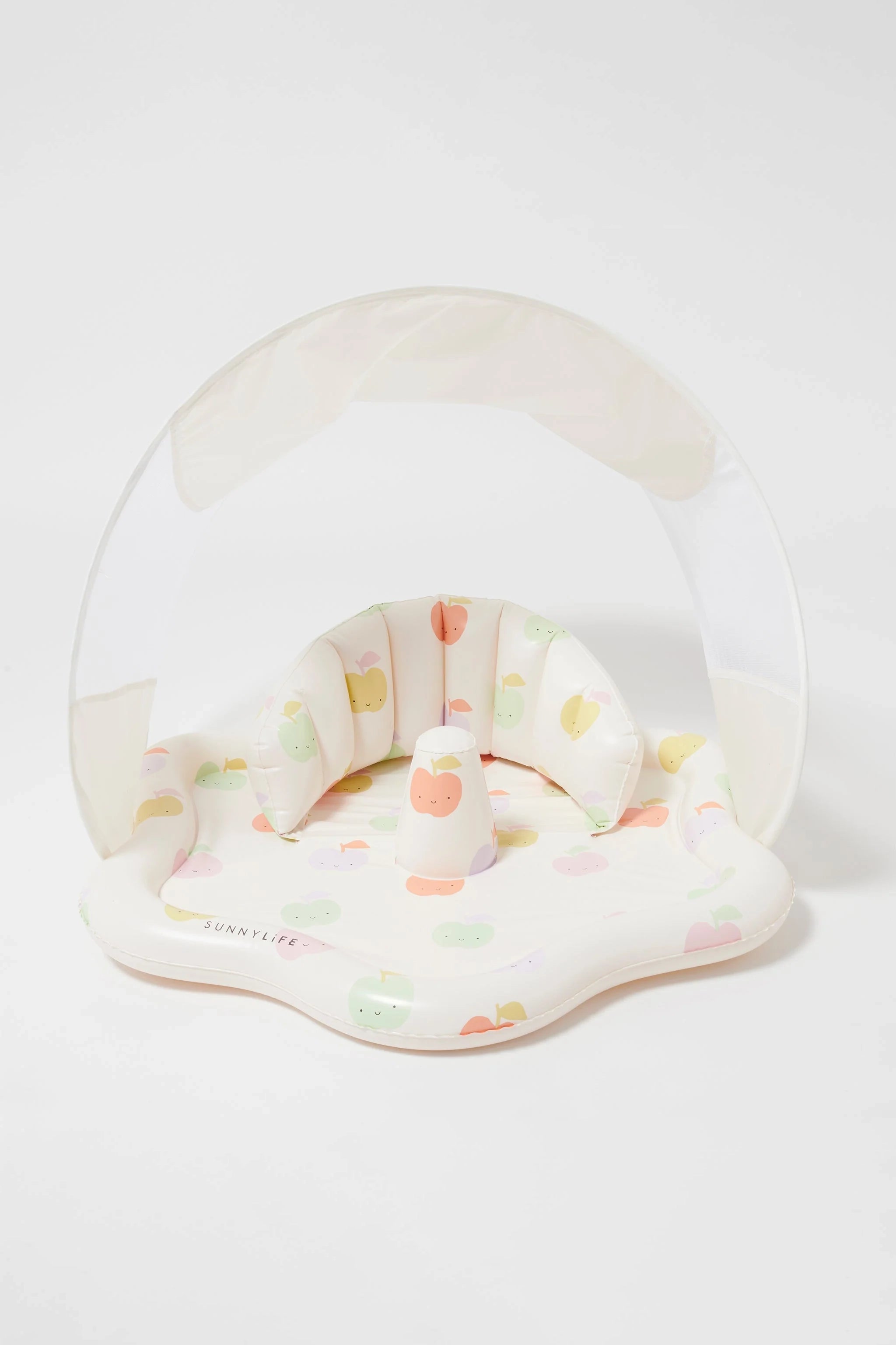 Introducing the SUNNYLIFE Baby Playmat with Shade – a white infant splash pad featuring pastel animal illustrations, an inflatable ring for added safety, and a UPF40 canopy. Crafted from durable non-toxic PVC, it includes soft barriers to ensure safety and support while promoting hand-eye coordination.