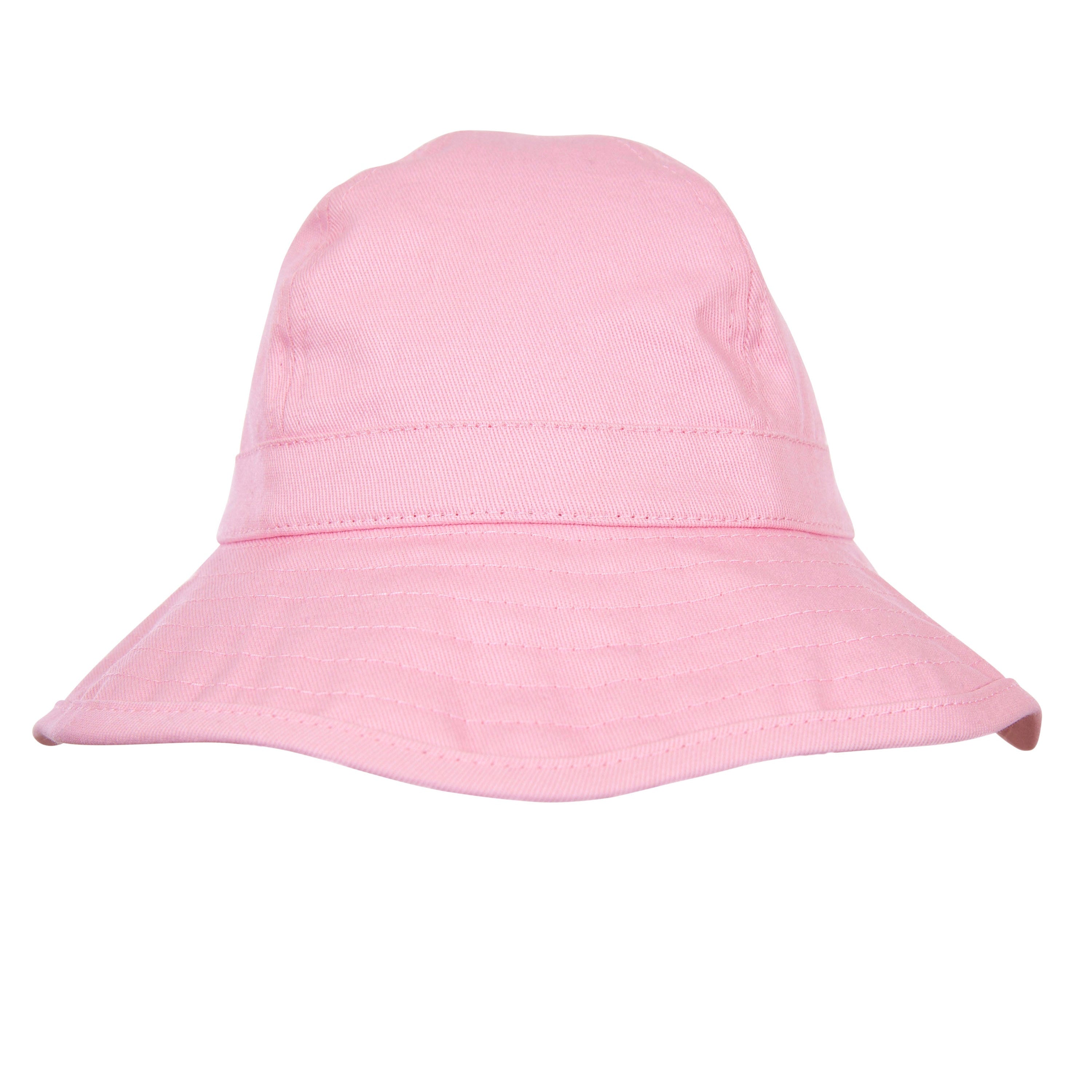 The ACORN KIDS Wide Brim Infant Hat Pink is a light pink bucket hat crafted from smooth cotton canvas, featuring a wide, downward-sloping brim for sun protection. The hat includes a seam around the base of the crown and is showcased against a plain white background.