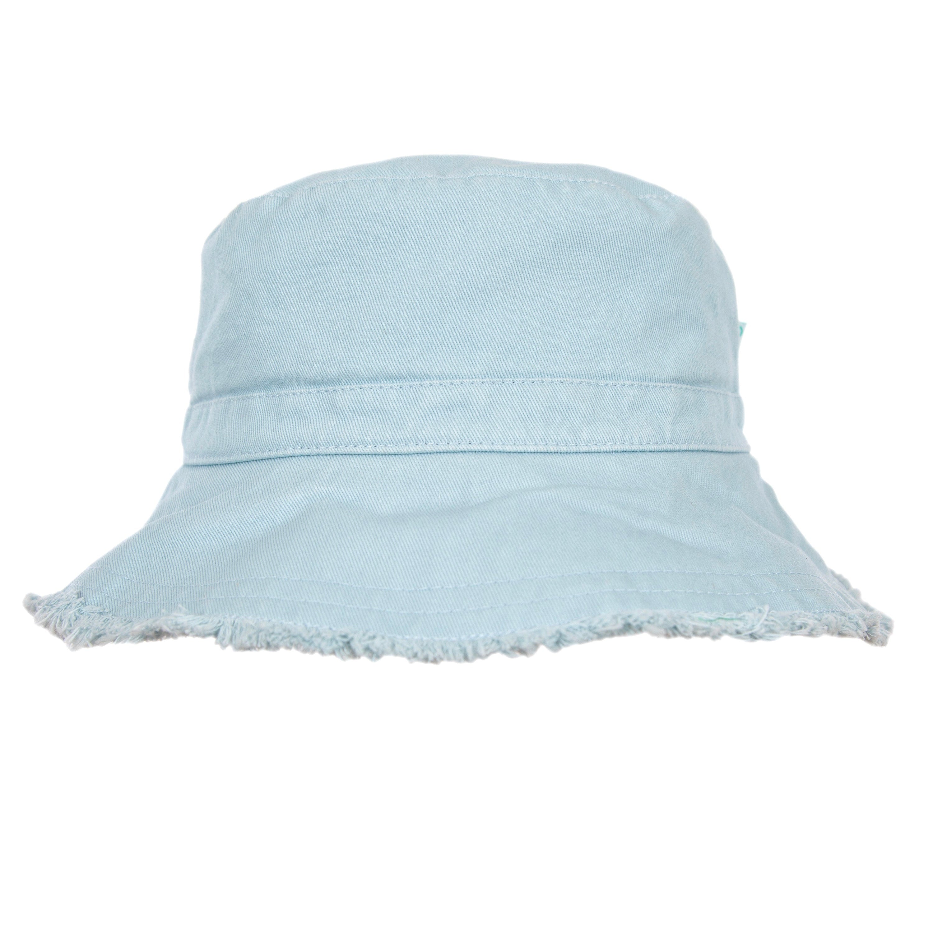 The Frayed Bucket Hat Seafoam by ACORN KIDS is a light blue cotton twill hat with a distressed edge, displayed against a white background, and provides UPF50+ sun protection.