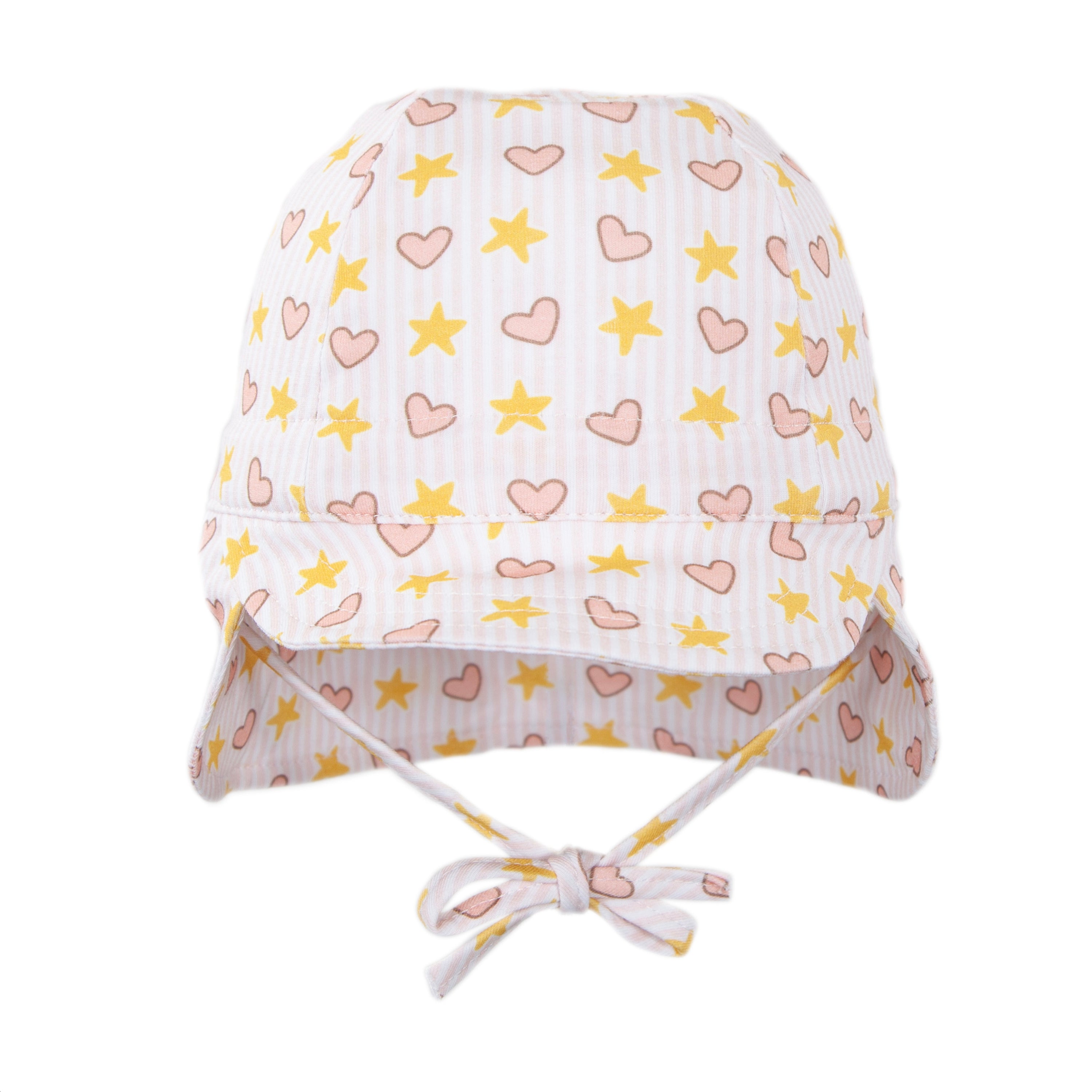 The Acorn Kids - Love and Stars Flap Hat by ACORN KIDS is a pink and white striped cotton jersey hat with yellow stars, pink hearts, a brim, chin straps tied in a bow, and UPF50+ sun protection for your baby.