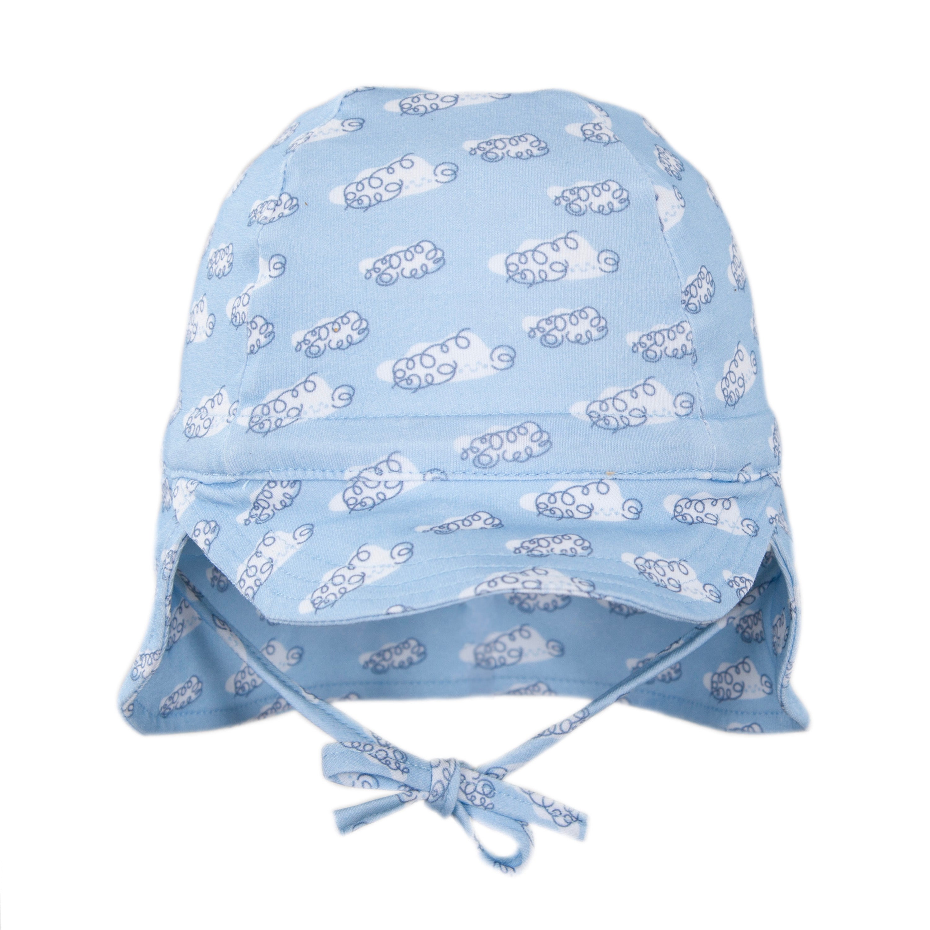 The Acorn Kids - Clouds Flap Hat by ACORN KIDS is a light blue cotton jersey cap with a chin strap, small white sheep print, and UPF50+ sun protection for your baby.