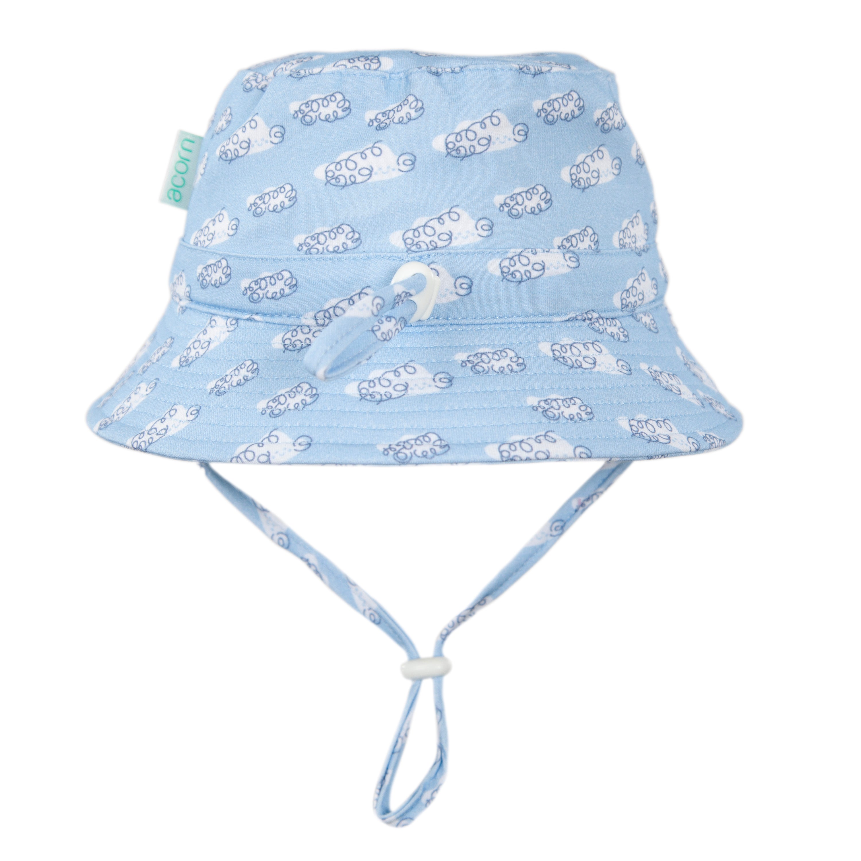 The Acorn Kids β Clouds Stretch Cotton Wide Brim Sunhat by ACORN KIDS features a light blue design with white sheep, UPF50+ sun protection, an adjustable chin strap, and green brand tagβperfect for safe outdoor fun.