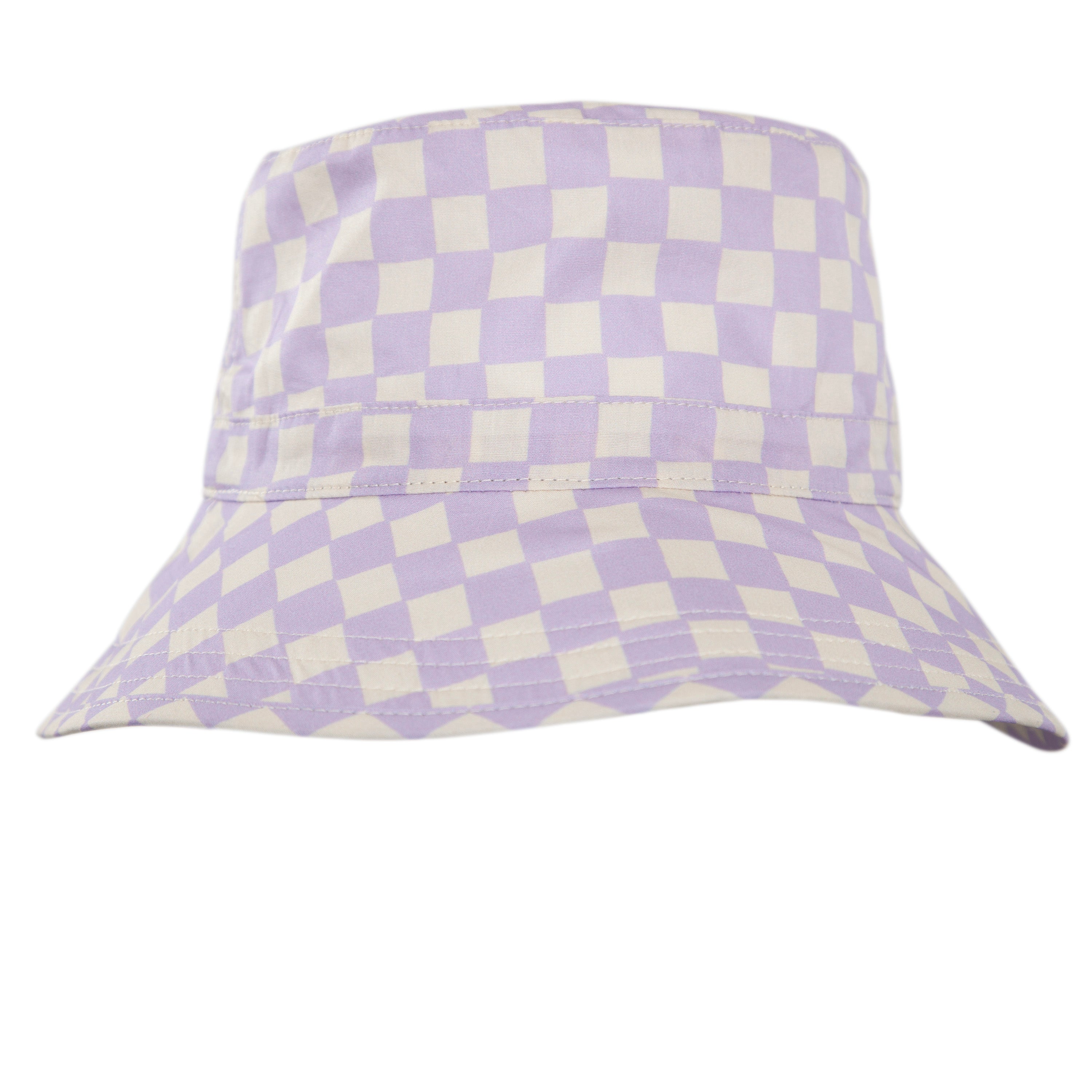 The ACORN KIDS Acorn Kids - Lavender Checks Broad Brim Bucket Hat features a lavender checkered print and UPF50+ sun protection, displayed against a plain white background.