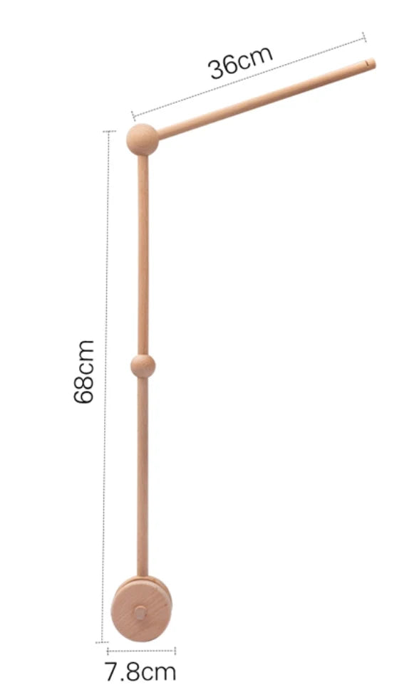 The ROOMI & ME Roomi & Me - Wooden Mobile Stand features three round joints, stands 68 cm tall, has a 36 cm top arm width and a 7.8 cm base diameter. Shown on a plain white background with labeled measurements; mountable on cots.