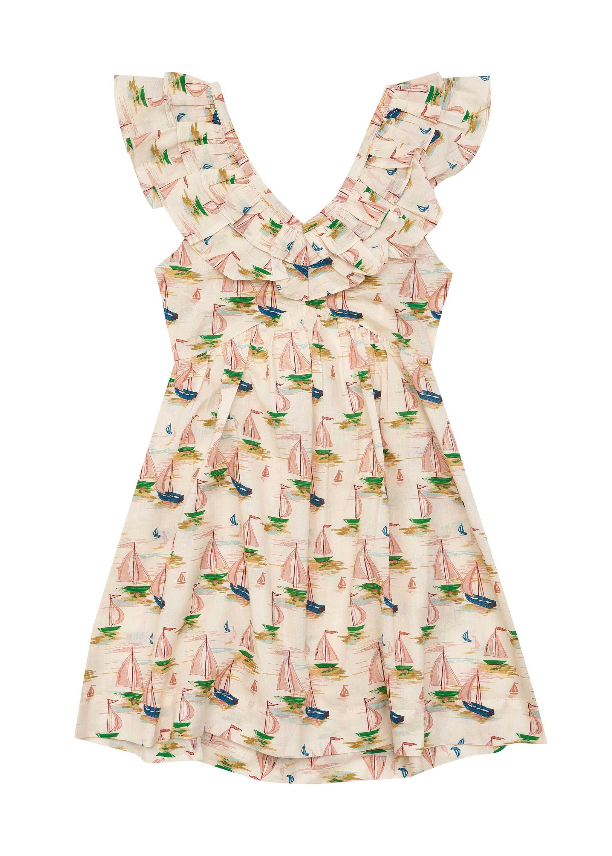 The Seychelles Dress Regatta by BELLA + LACE is a sleeveless garment crafted from airy cotton voile, adorned with a regatta print of colorful sailboats on a cream background. Featuring a flounced V-neckline, this playful summer outfit is perfect for casual wear.